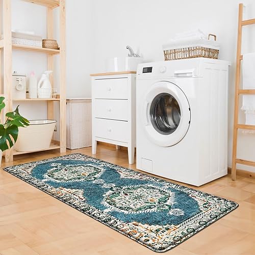 Miniatura 10 de Alfombra bohemia pequeña de 2 x 4.3 pulgadas, alfombra de pasillo lavable, alfombra vintage de lana sintética, antideslizante, para entrada,