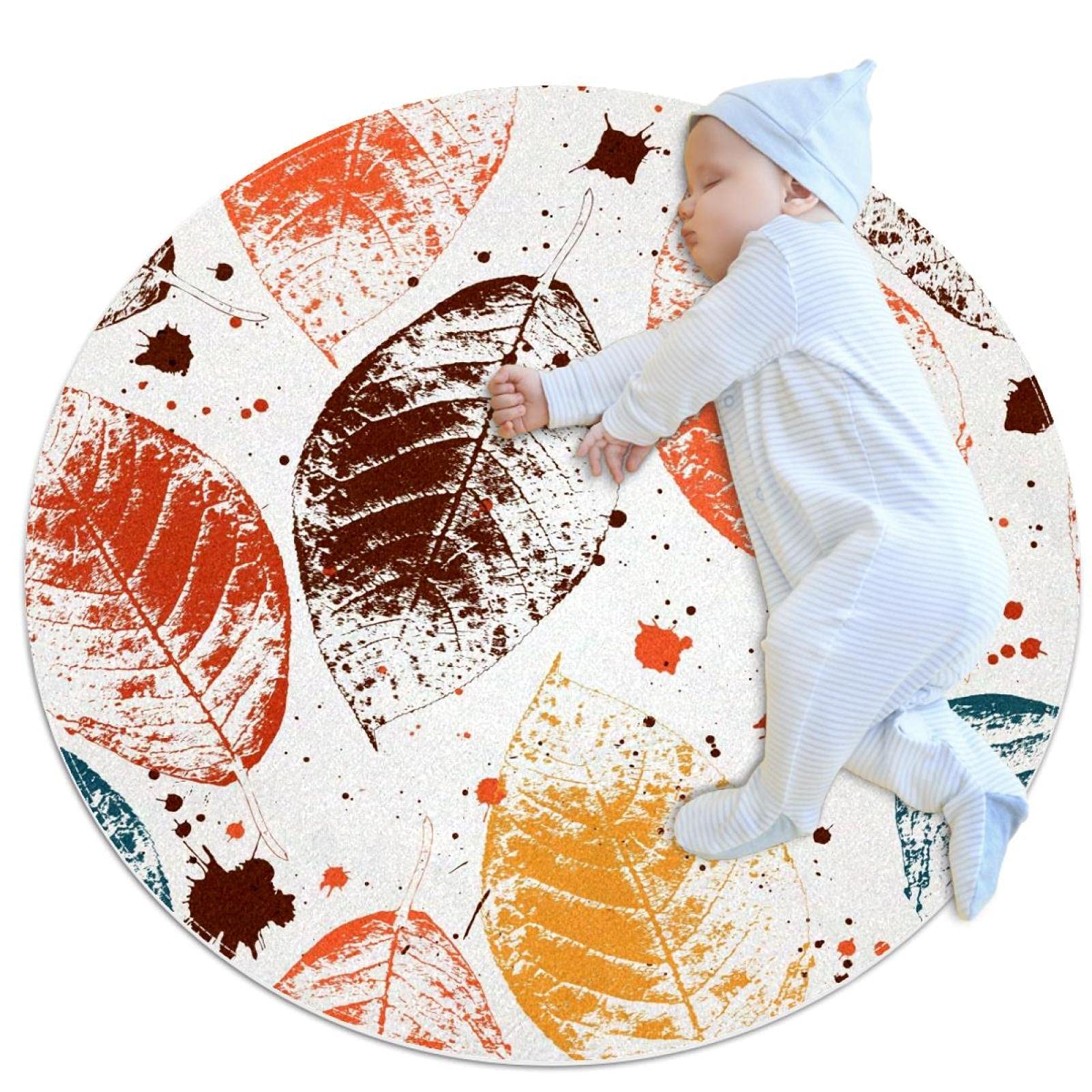 Tapis rond 100x100cm aux feuilles d'automne colorées pour chambre et salon