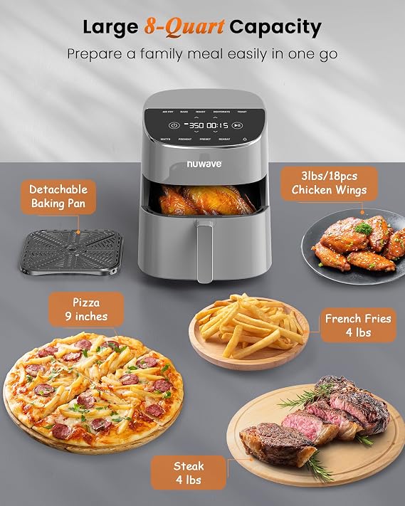Nuwave Brio Plus Air Fryer 8 Qt, New & Improved, PFAS-Free Ceramic Coating | 7 Digital One-Touch Modes: Air Fry/Bake/Roast/Dehydrate/Toast/Reheat/Preheat; 150 Presets; 50400F; 700/1500/1800W;Cool Gray