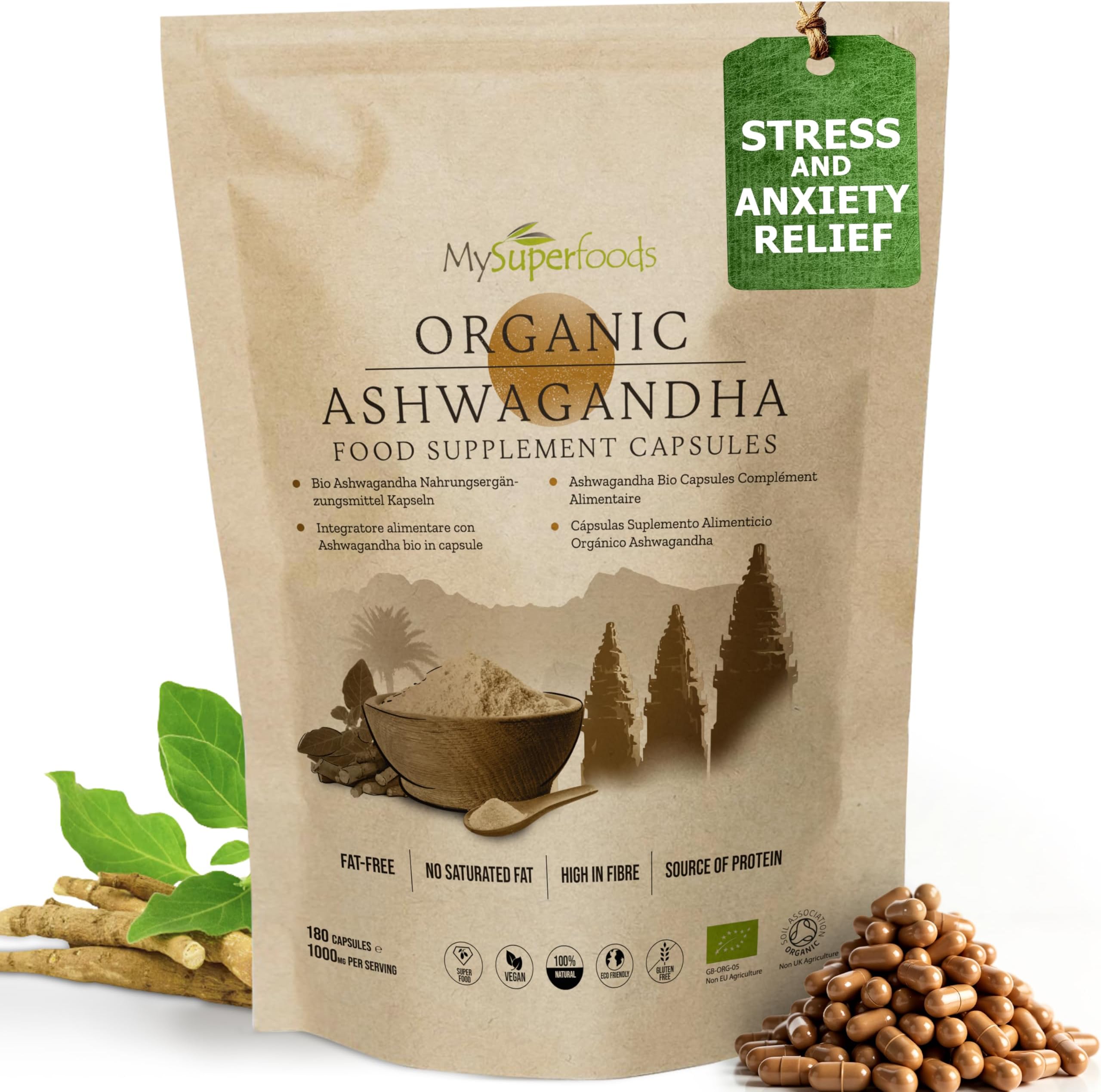 Ashwagandha Capsules | Organic | 1000mg per Serving | 180 Capsules | Stress Relief, Energy, Strength & Endurance | MySuperfoods