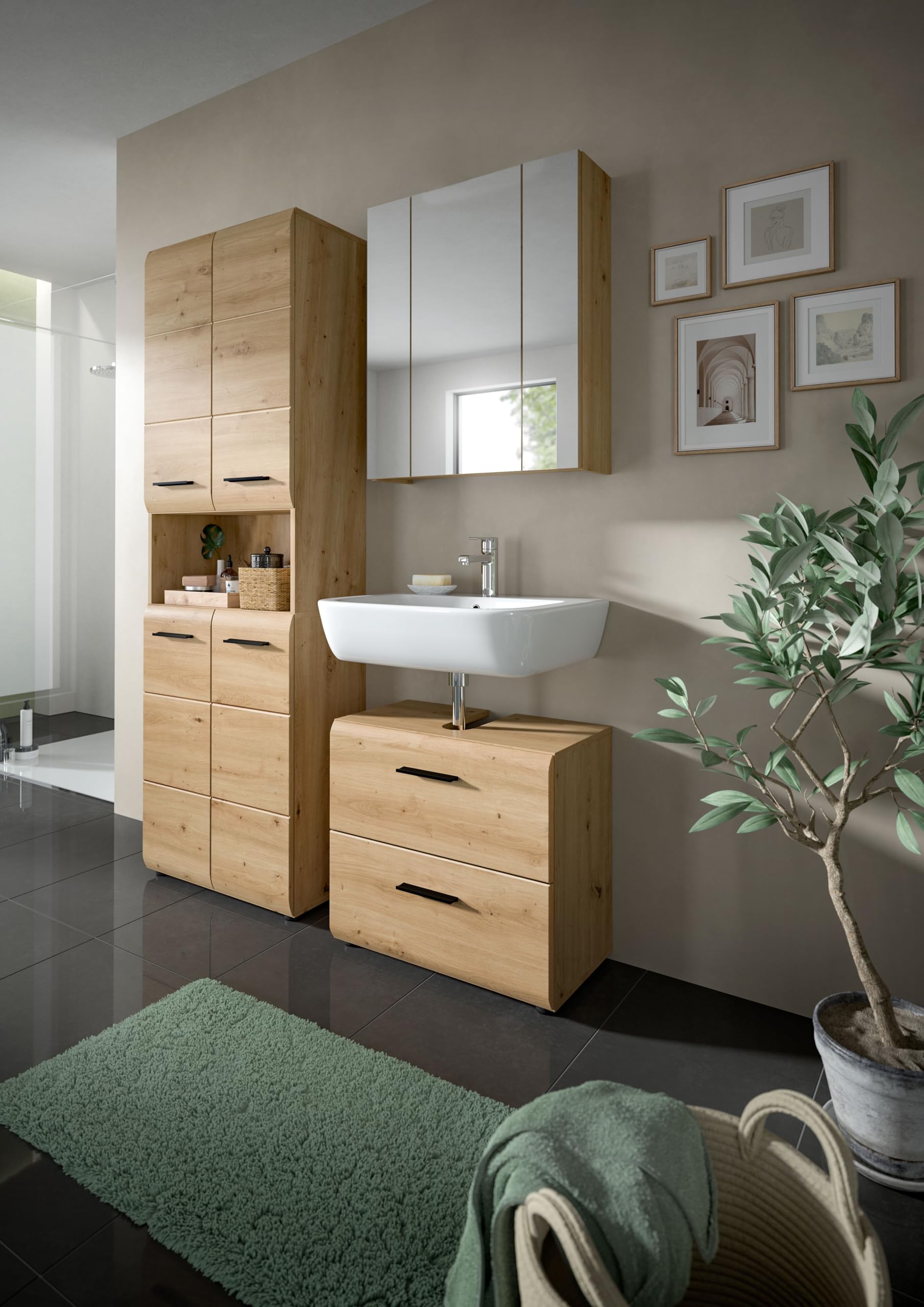 xonox.home – Waschbeckenunterschrank Ice 60x54x60 cm in Korpus und Front Artisan Oak Nachbildung – Moderner Badschrank Unterschrank für Waschbecken – warm & natürlich