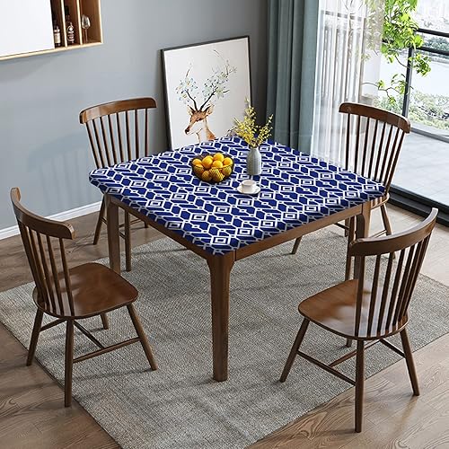 Miniatura 2 de SongYi Manteles de poliéster ajustados bohemios, cuadrados, azul marino, con borde elástico, decoración del hogar, a prueba de polvo y aceite, para