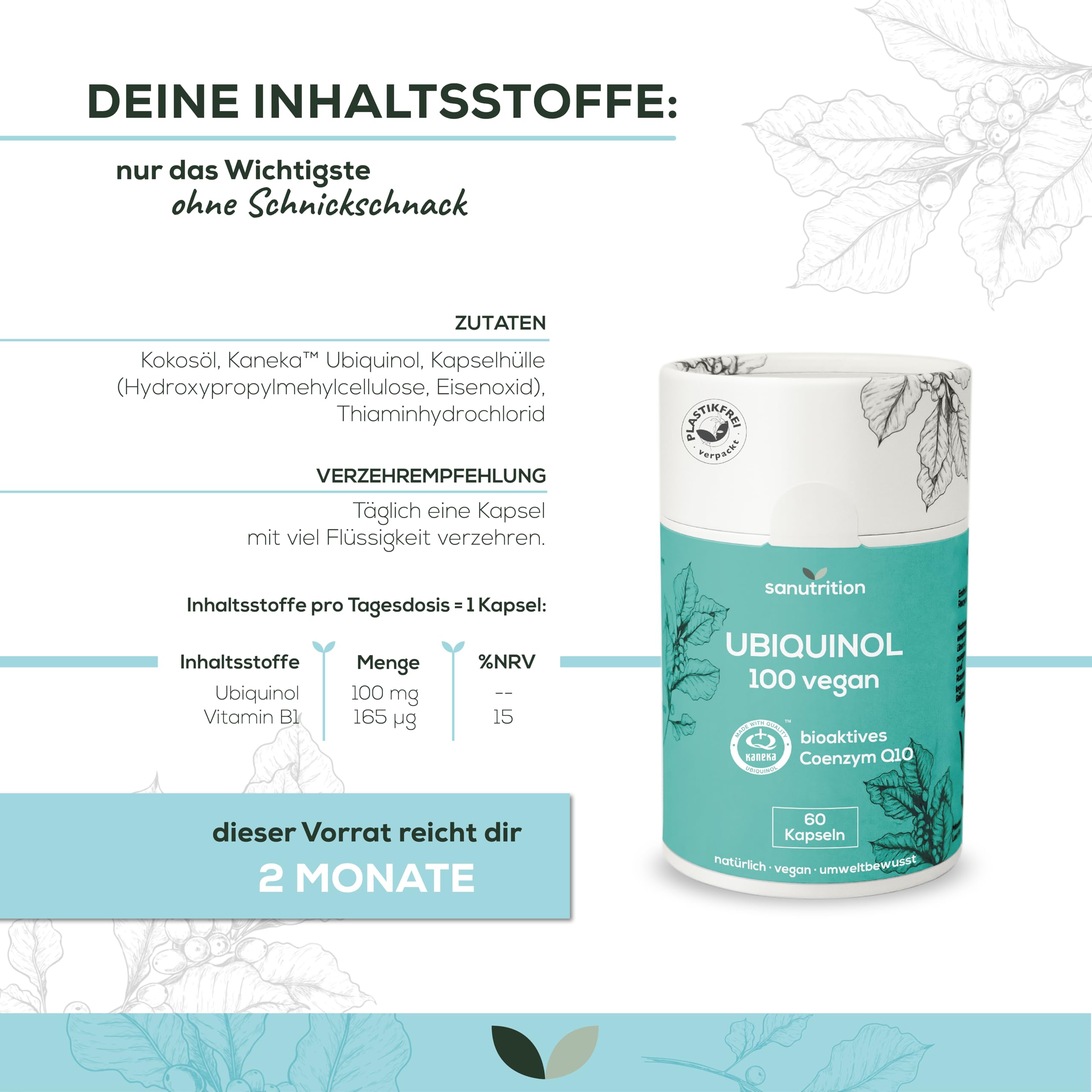 Kaneka Ubiquinol 100 mg | 60 Kapseln | Bioaktives Coenzym Q10 | Vegan | In der Papierverpackung (1 stück (60er Pack), 100 mg)