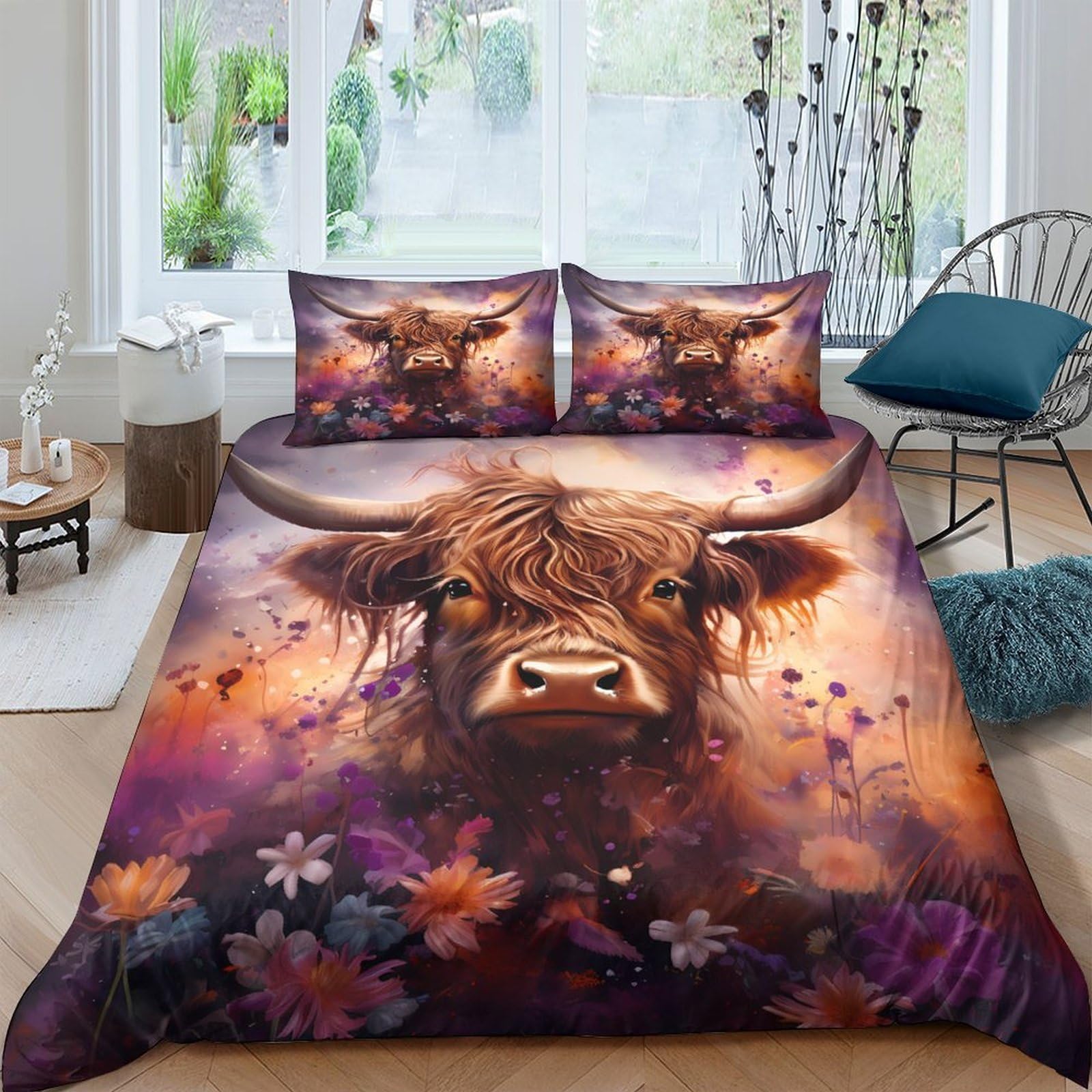 GPLZQXKJNH 3D Printed Highland Cow Duvet Cover Microfiber Soft Breathable Floral Quilt Cover Set with 2 Pillowcases for Bedroom Decor Single（135x200cm）