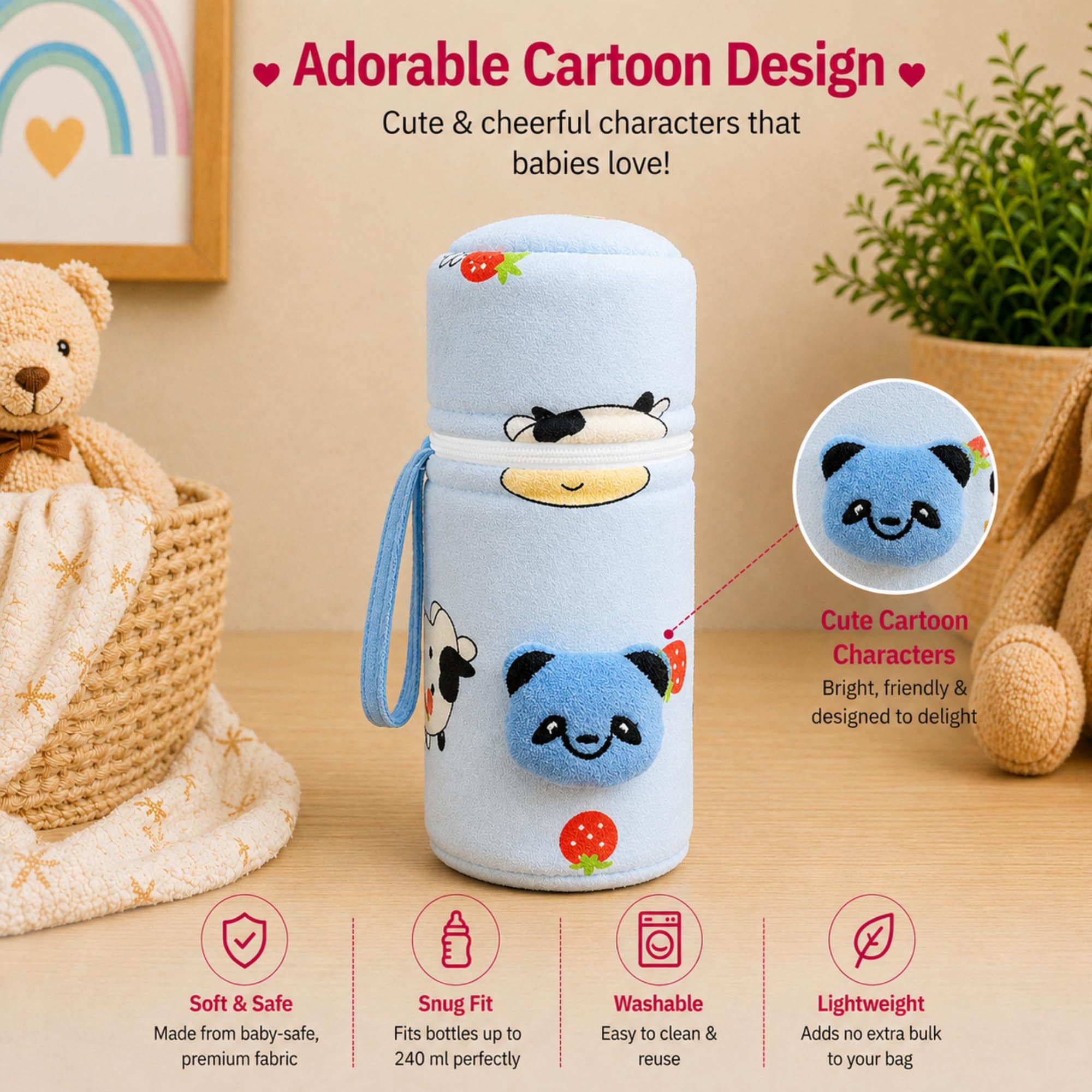 THE LITTLE LOOKERS Soft Plush Stretchable Baby Feeding Bottle Cover with Easy to Hold Strap | Cute Animated Overall Print Pack of 2 (Pink & Blue, Zip Closure 240ml/8oz) 2