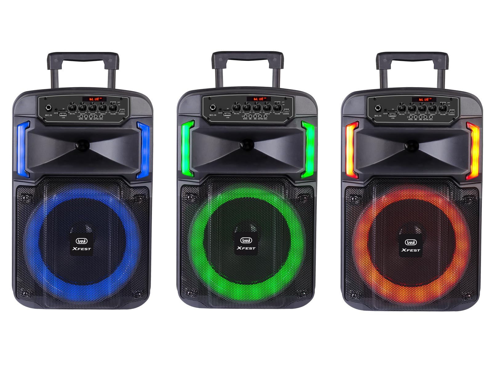 Trevi XF 370 KB Speaker Wireless 25W, Altoparlante Portatile con Trolley e Microfono Dinamico per Karaoke, Connessione Audio Wireless, USB, Micro SD, Batteria al Litio Integrata
