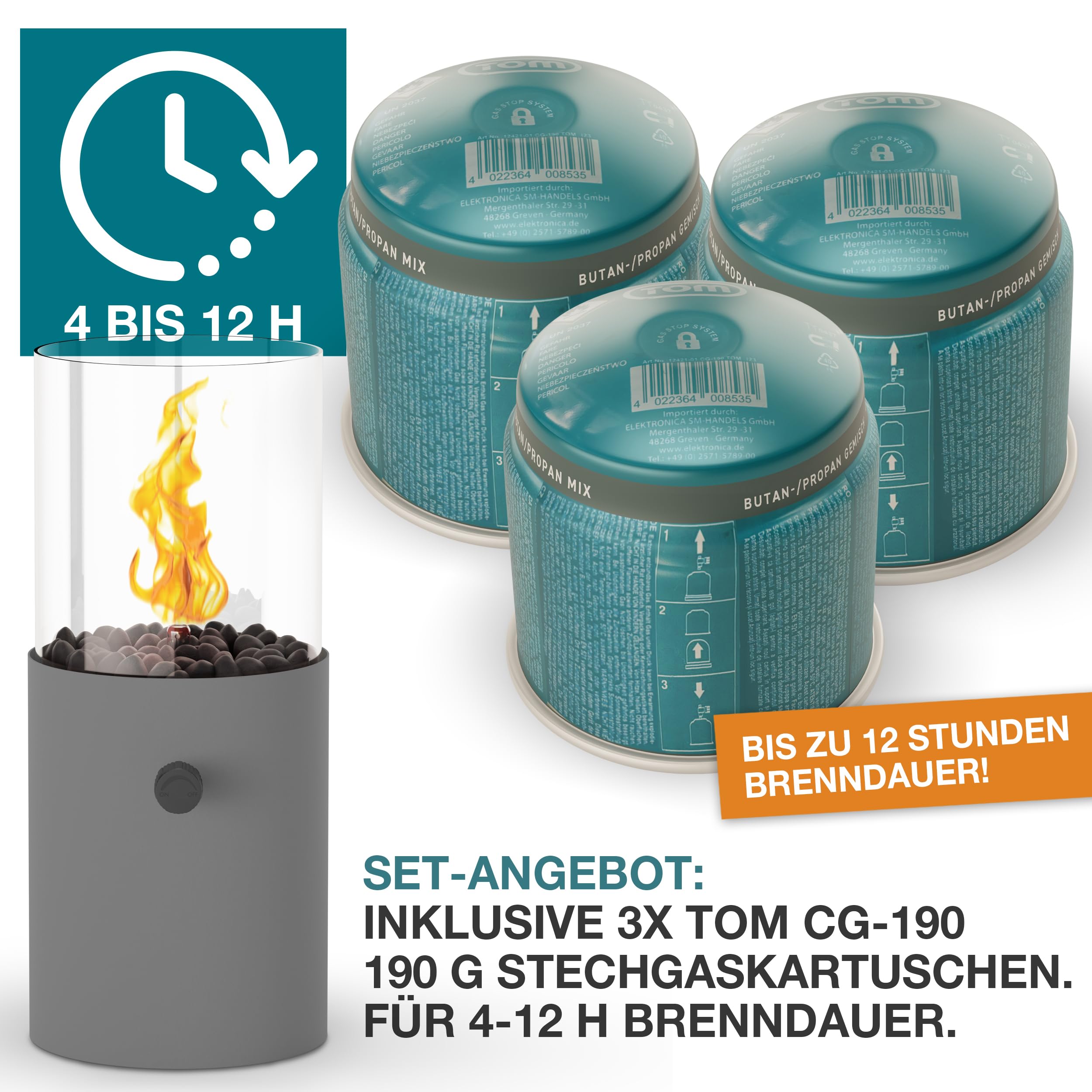 TOM Innovation XXL Gas Tischkamin - 12h Brenndauer für Indoor & Outdoor – Tisch Kamin Set – Tischfeuer mit Deko-Steinen – Plus 3X 190 g Stechgaskartusche