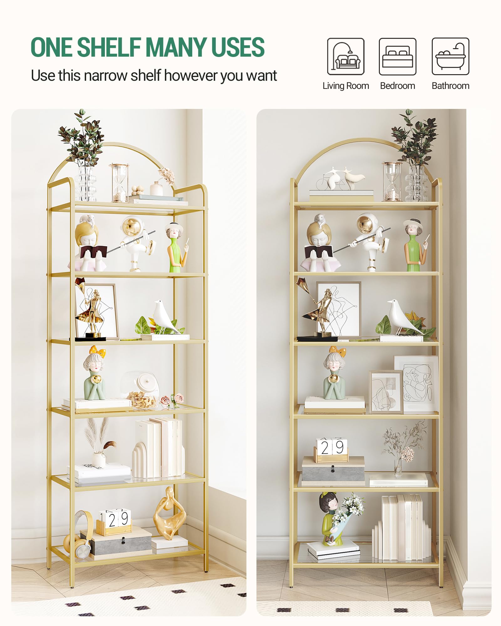Hzuaneri Regal, Bücherregal aus gehärtetem Glas, schlankes Regal für Schlafzimmer, Badezimmer, Heimbüro, Stahlrahmen, 6 Ablagen Gold BC21699G