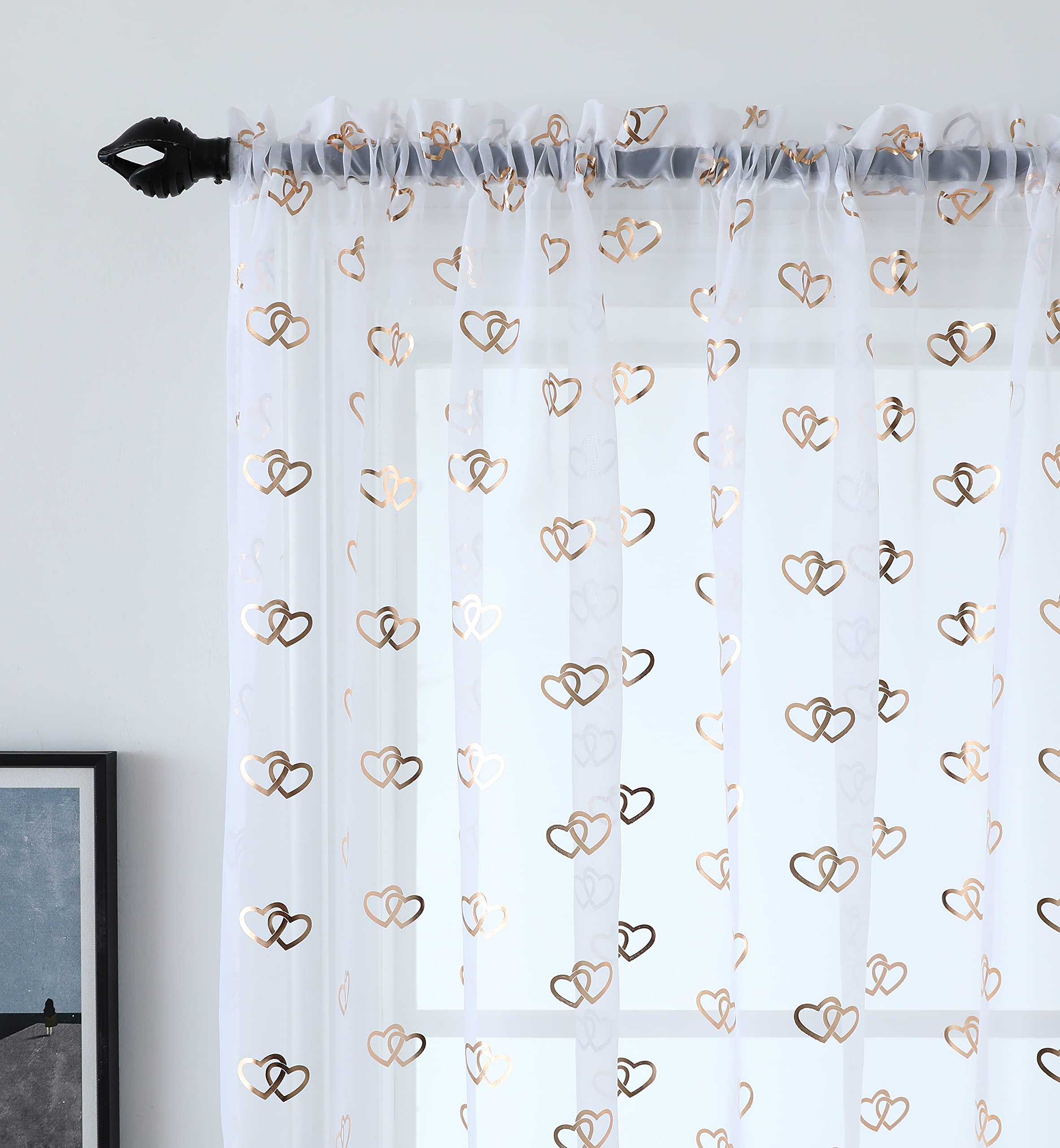 Amania Trading Ltd One Rose Gold Metallic Entwined Heart Slot Top Pure Sheer White Kids Voile Curtain Panels 90" (229cm) Drop