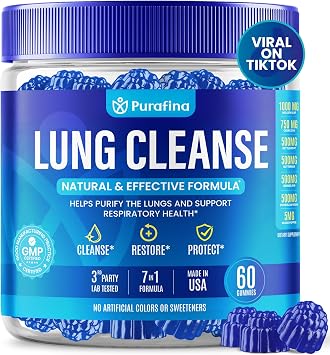 Purafina Lung Cleanse Gummies - 7-in-1 Respiratory Lung Health - Organic Mullein Leaf Extract 1000mg, Quercetin, Nettle Root, Boswellia Resin, Bromelain Lung Detox Supplement - Non GMO 60 Gummies