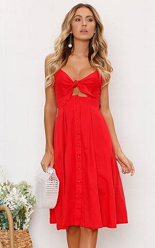 Miniatura 2 de ECOWISH - Vestido de verano con tirantes delgados y cuello en V para mujer, vestido de diseño acampanado, con botones, nudo frontal, espalda