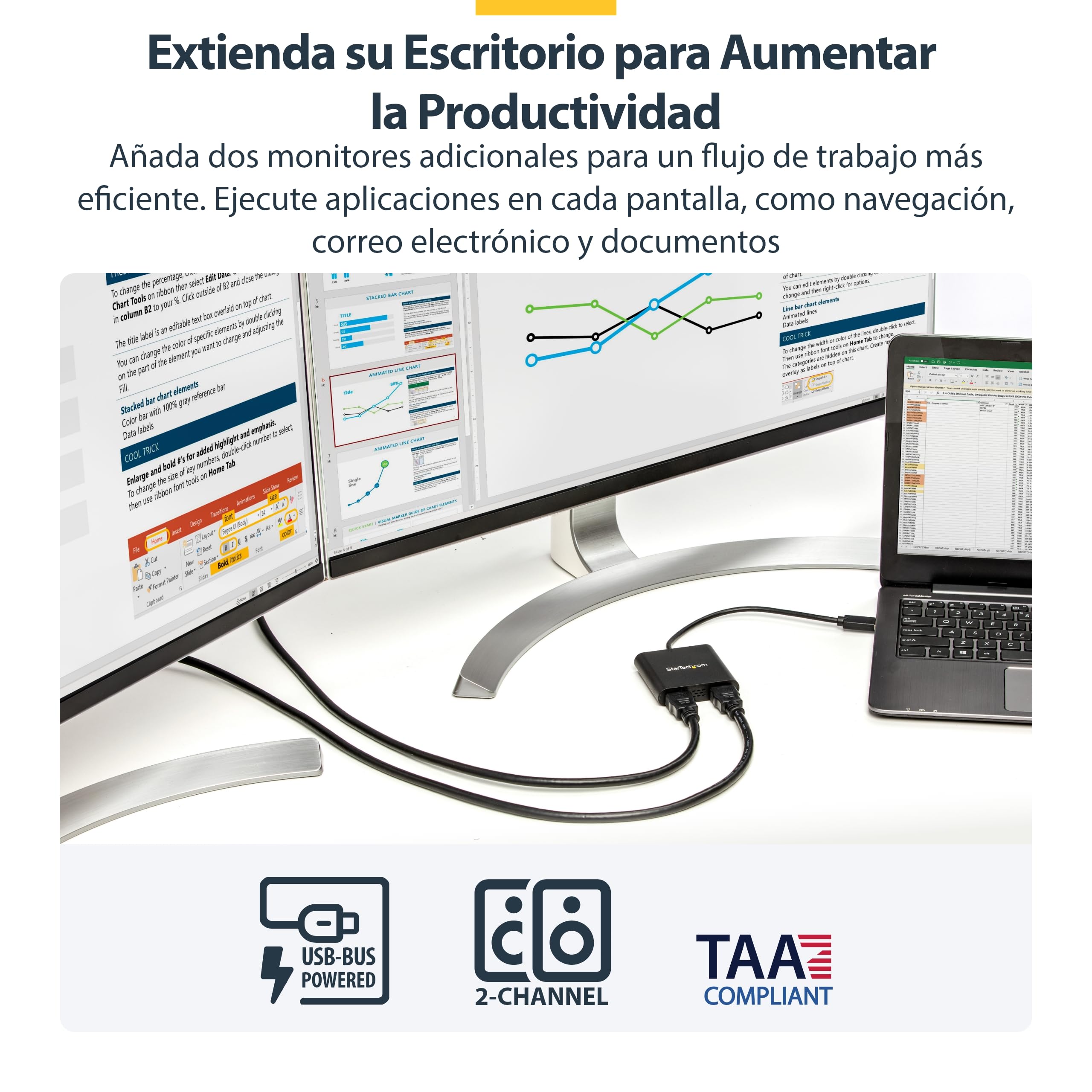 StarTech Adaptador USB-A 3.0 a HDMI Doble para Windows - Conversor de Vídeo USB a 2x HDMI de Dos Pantallas - 4K 30Hz + 1080p 60Hz - Configuraciones de Monitores Extendidos o Duplicados