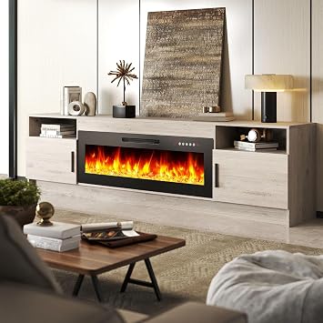Ludatido 80 Inch TV Stand with 42 inch Electric Fireplace, 20 Color LED Light Entertainment Center for TVs Up to 90", Modern Wood Media TV Console with Storage Cabinets for Living Room, Grey