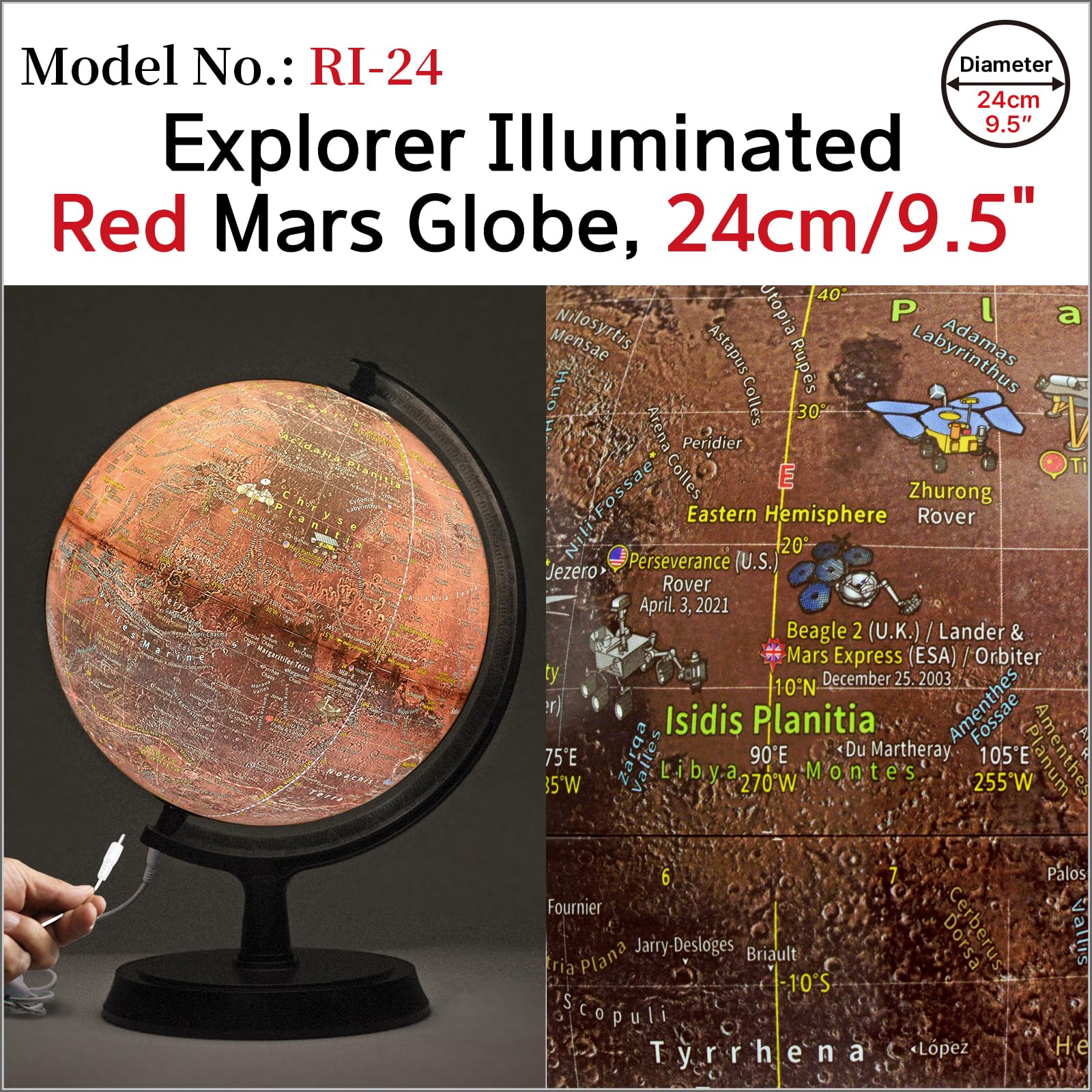 Mapsoft Explorer Illuminated Red Mars Globe, 24cm/9.5