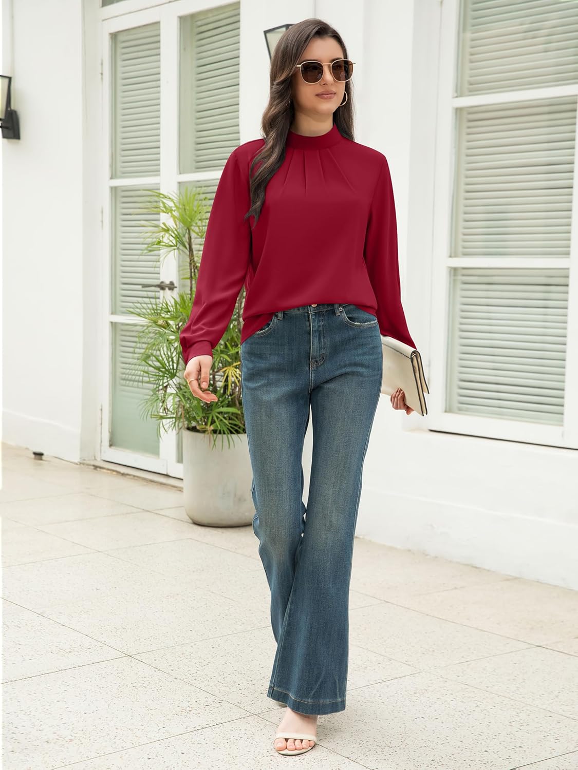 Funlingo Women's Long Sleeve Tops Dressy Casual Mock Neck Work Blouse Fall Trendy Front Pleated Tunic Chiffon Shirts - Image 6