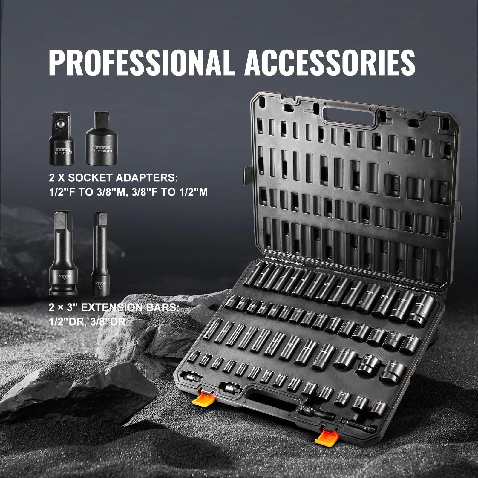 Zestaw nasadek udarowych 3/8" i 1/2" 59 szt. SAE 5/16" do 1-1/4" metryczne 6-32 mm 6-kątne Zestaw przedłużek