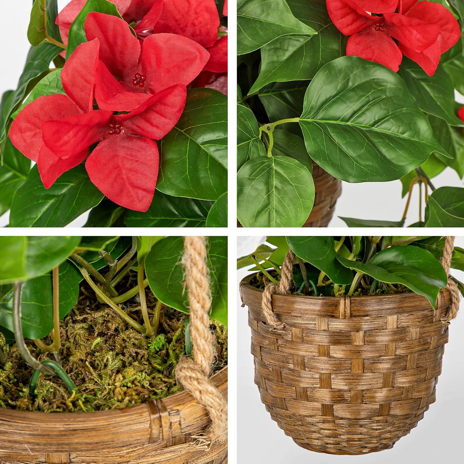 Briful Fake Hanging Basket Flowers, 27.5in Faux Red Bougainvillea Flowers in Woven Rattan Planter with Cascading Vines for Home Garden Balcony Outdoor Porch Decor