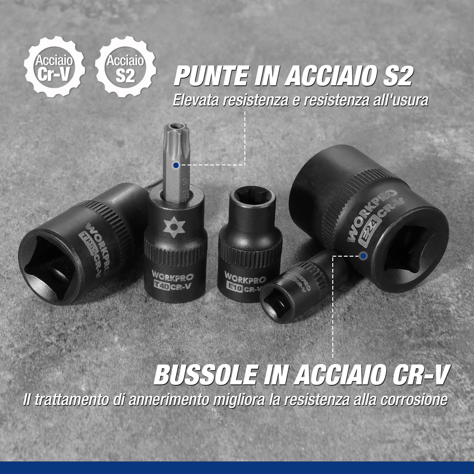 WORKPRO Chiavi a Bussola Torx da 60 Pezzi, 1/4", 3/8", 1/2" Attacco, T6-T70, TT6-TT70, TP8-TP60, E4-E24, con Scatola di Conservazione