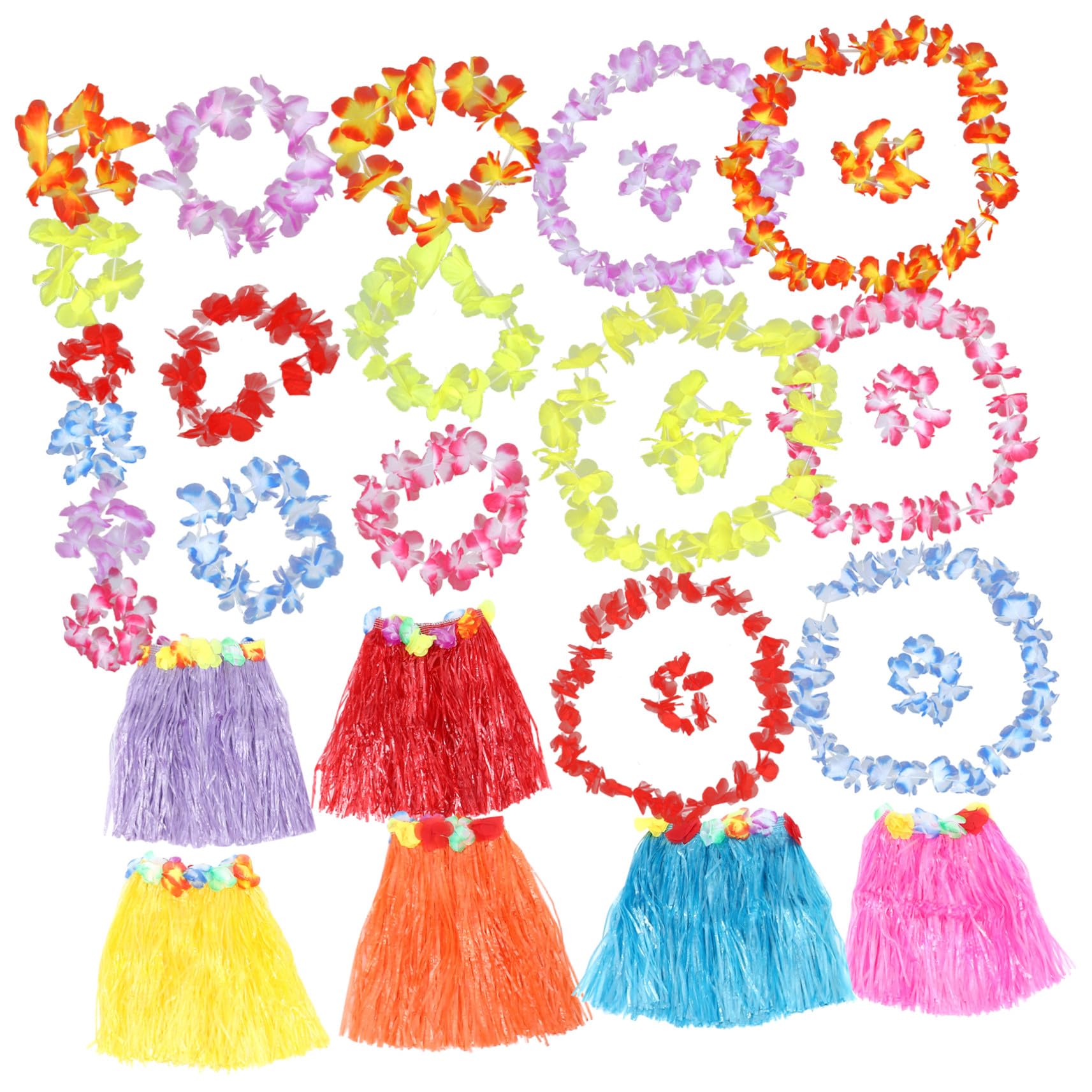 HEALSOPTHY 6 Sätze Teiliges Hawaii Party Teilig mit Einlagigen Strohröcken Klassischen Blumengirlanden Halsketten Stirnbändern und Armbändern für Sommer Pool Luau Kostüm Strandfest