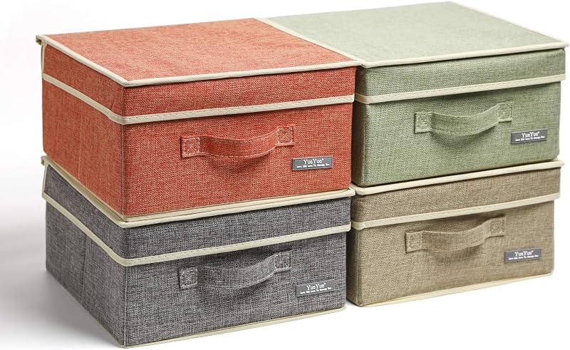 YueYue Contenedores de almacenamiento de tela con tapas, paquete pequeño de 4, caja de almacenamiento plegable de lino con tapas, juego de 4 colores, 12,4 pulgadas/12 pulgadas/6,7 pulgadas