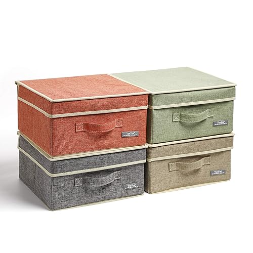 YueYue Small 4 Pack Fabric Stroage Box with Lids, Linen Foldable Stroage Box with lids 4 Color Set 12.4in/12in/6.7in - Grey 12.4in/12in/6.7in