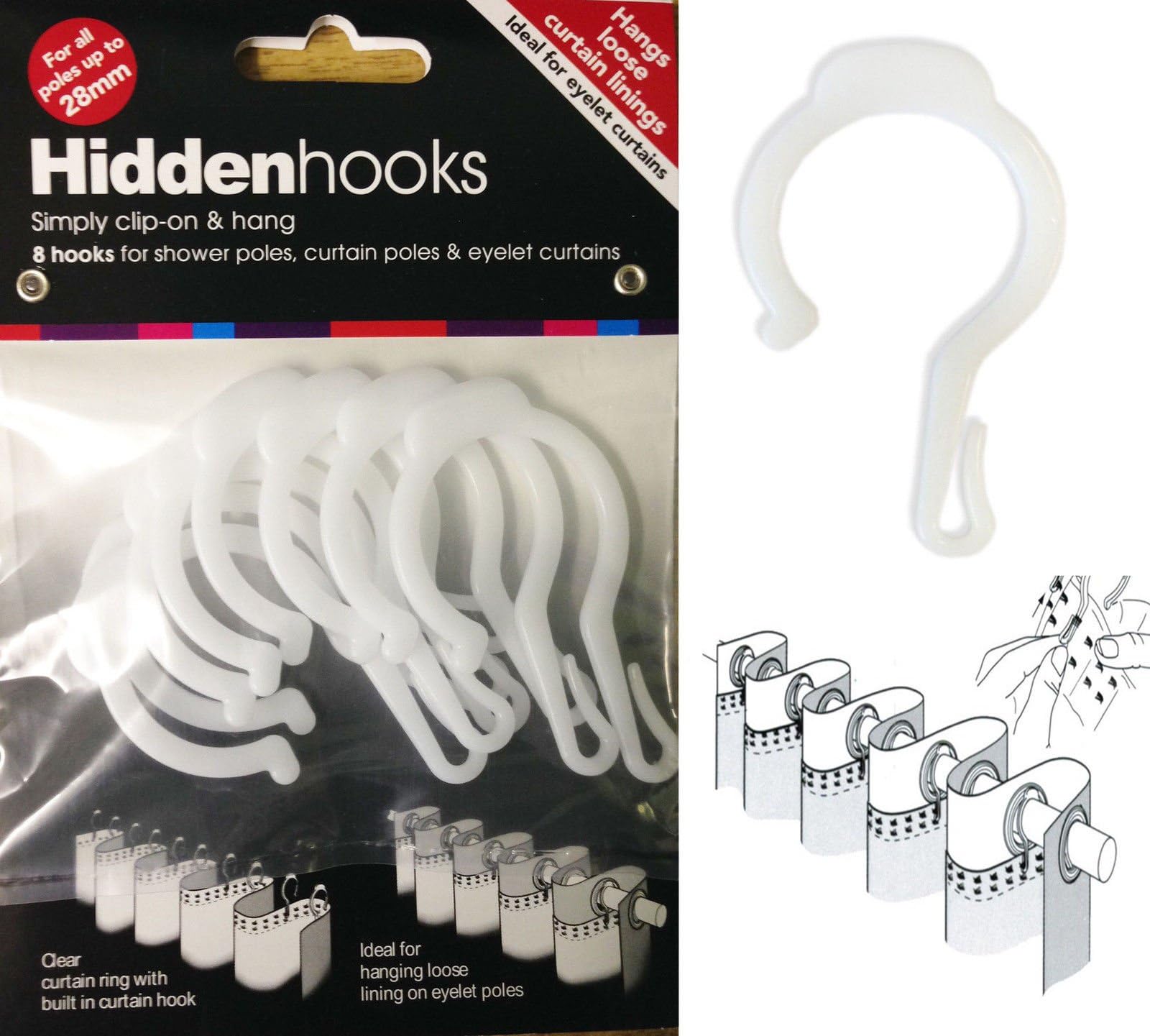 16 Pack Hidden Curtain Hooks, Add Lining to eyelet curtains, no sewing required