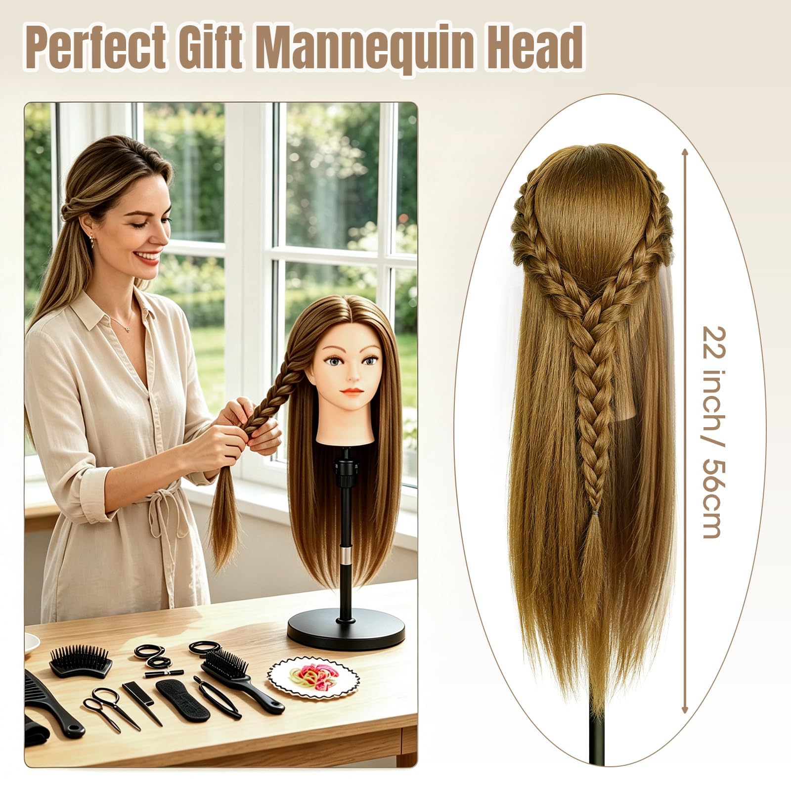 TopDirect Frisierkopf 45 cm mit 100% realistischem Kunsthaar, Honigblond | natürliches Haargefühl, Friseur Übungskopf mit Halter & Zubehör für Flechten, Schneiden und Styling