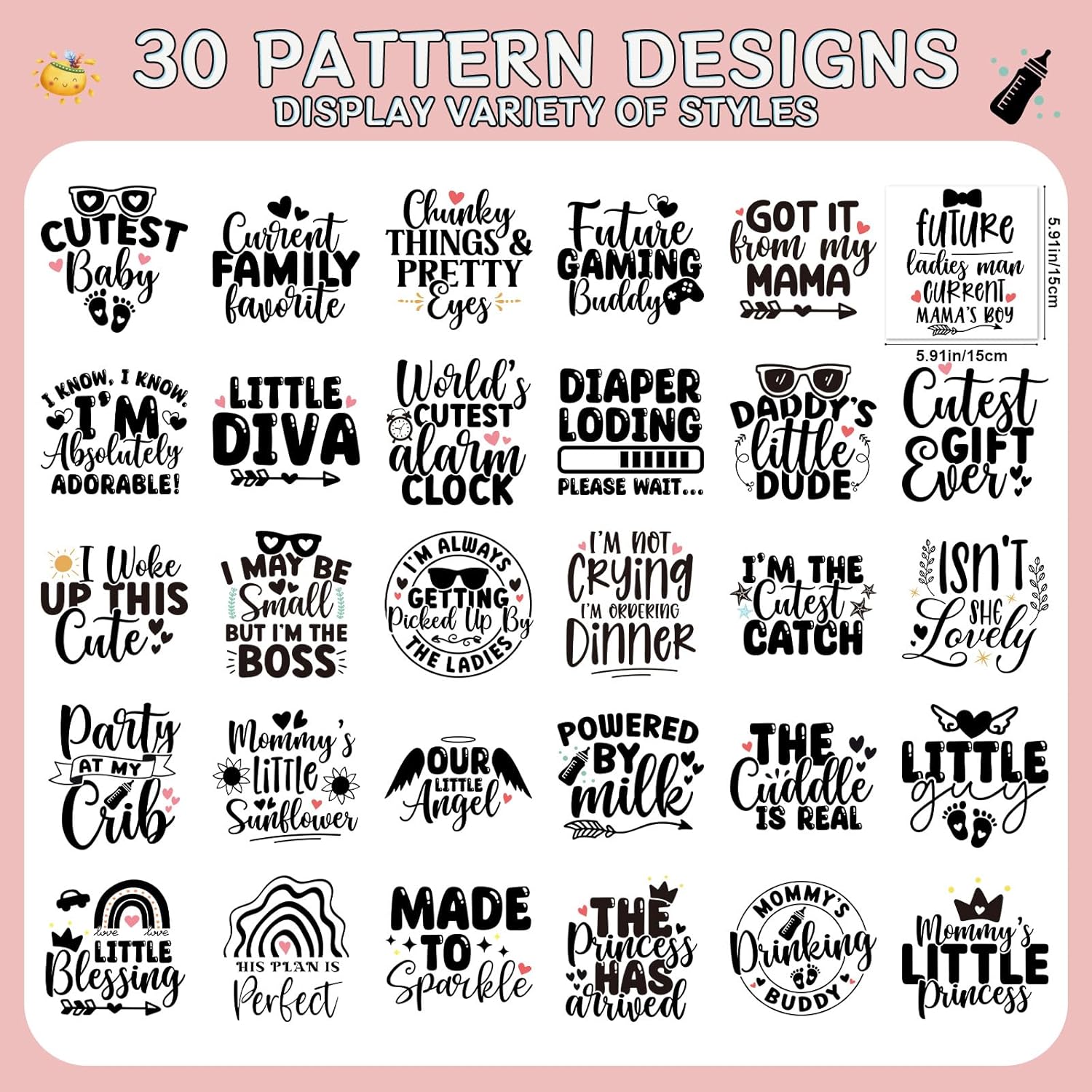 Dtf Transfers Ready to Press - 30Pcs Baby Shower Iron on Transfer for Bibs, Baby Black Funny Quotes Iron on Decals Patches, Cute Heat Trasnefer Stickers for Baby Onesie Decorating Kit