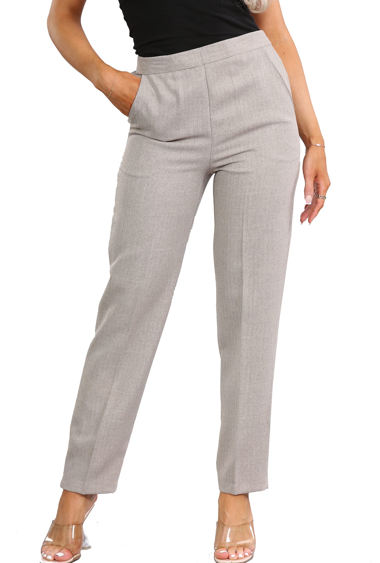 INSAFIANS Ladies Half Elasticated Summer Trousers 3 Leg Length Flexible Stretchy Comfortable Formal Pants (as8, Numeric, Numeric_8, Regular, Extra_Long, Beige)