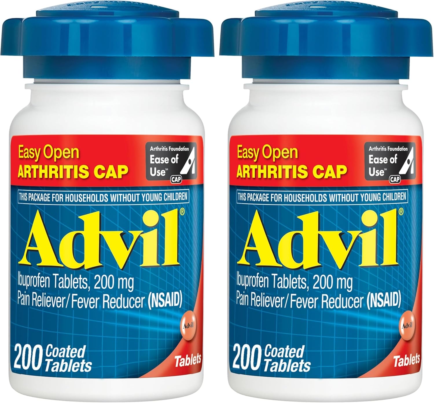 Advil Pain Reliever & Fever Reducer, Pain's Relief Medicine with Ibuprofen 200mg to Joint Pain, Muscle Ache & Minor Arthritis Pain's Relief, 200 Coated Tablets with Easy Open Arthritis Cap (Pack of 2)
