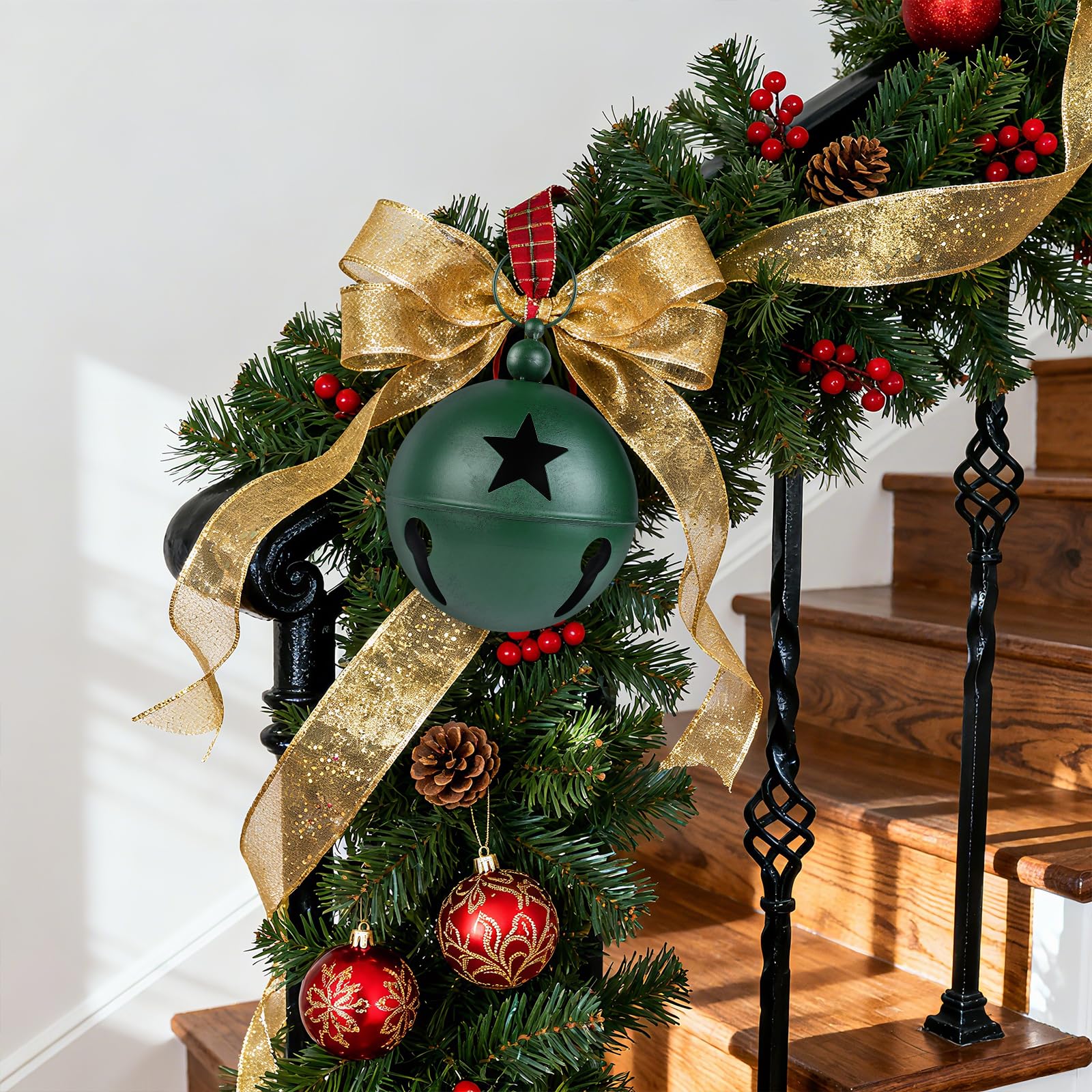 YiYa Grandes Cloches de Décoration de Noël Grande Cloche d'Artisanat Ornement avec Étoile 23,9x31,0 cm Cloches de Noël Grelots pour Arbre de Noël Vacances Porte d'Entrée Maison Jardin Décor (Vert)