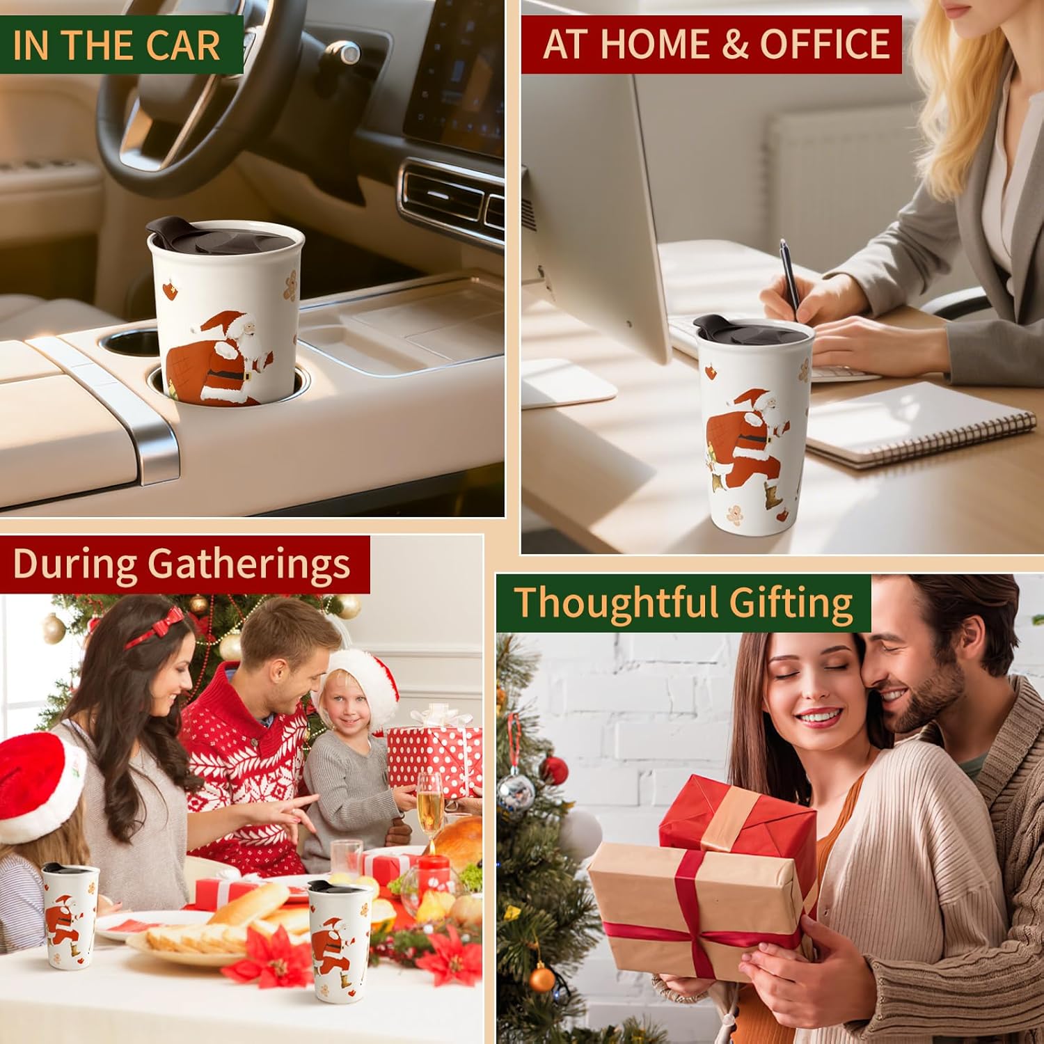 ANTIS'S HOME Ceramic Travel Mug with Lid, Christmas Gifts, Santa Claus Pattern Double Wall Coffee Mug Tumbler, Reusable Cup 10oz, Dishwasher Microwaveable Safe(Jingle & Joy) - Image 6