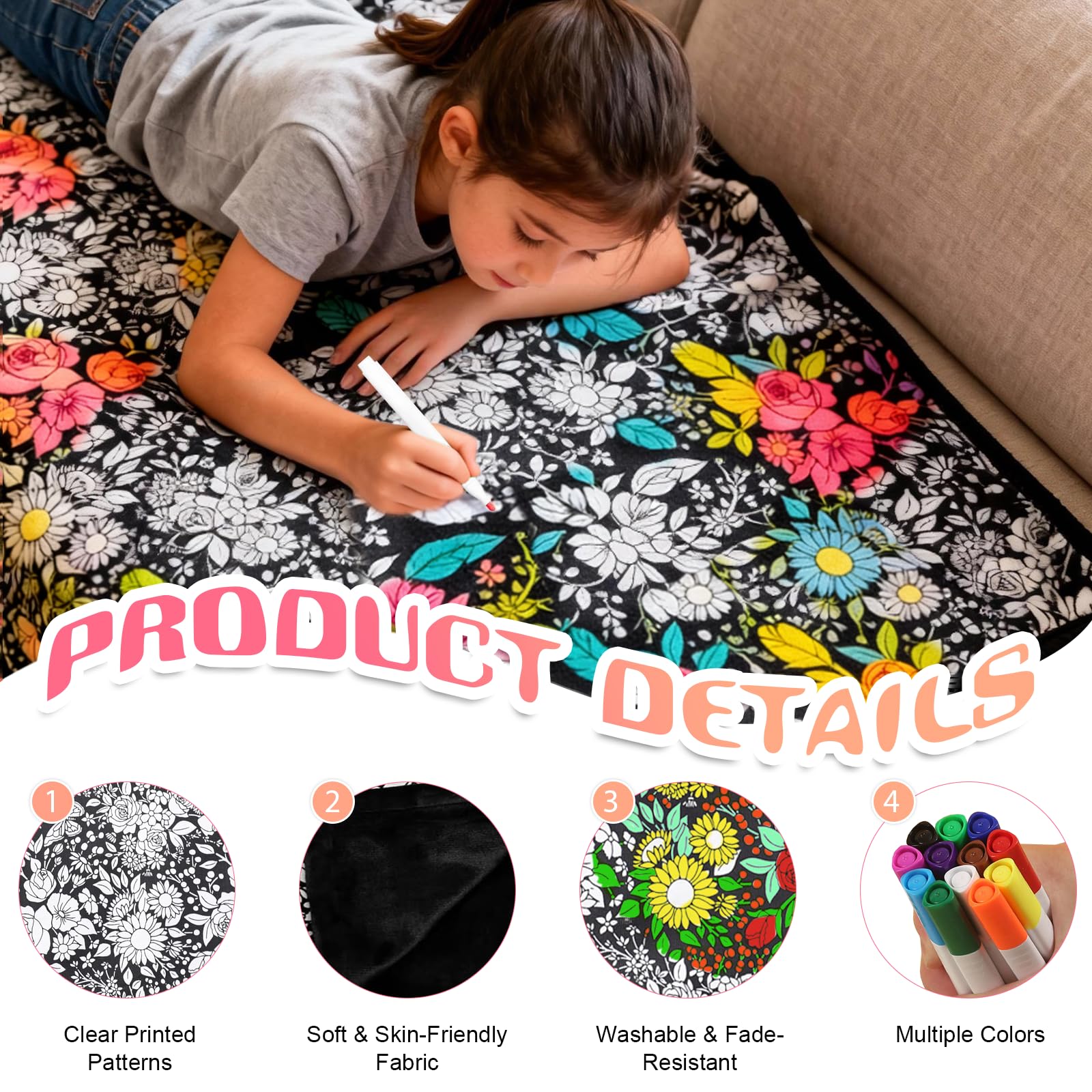 DIY Maldecke 50*60 Inch, Wiederverwendbare Painting Blanket Coloring Blanket mit 24 Farben Pinsel Persönliche Einzelstück zum Selbstgestalten für Erwachsene Kreative Personalisierte Geburtsta