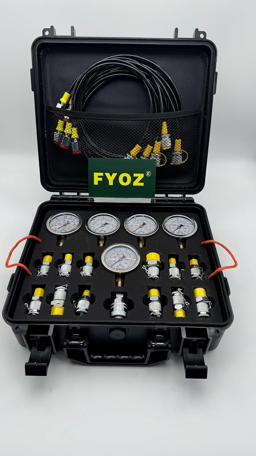Hydraulic Pressure Test Kit with 5 Pressure Gauges, 5 High-Pressure Hoses, 13 Thread Adapters, 14 Test Tees, 6-60MPa Range, for Industrial Hydraulic Systems and Construction Machinery