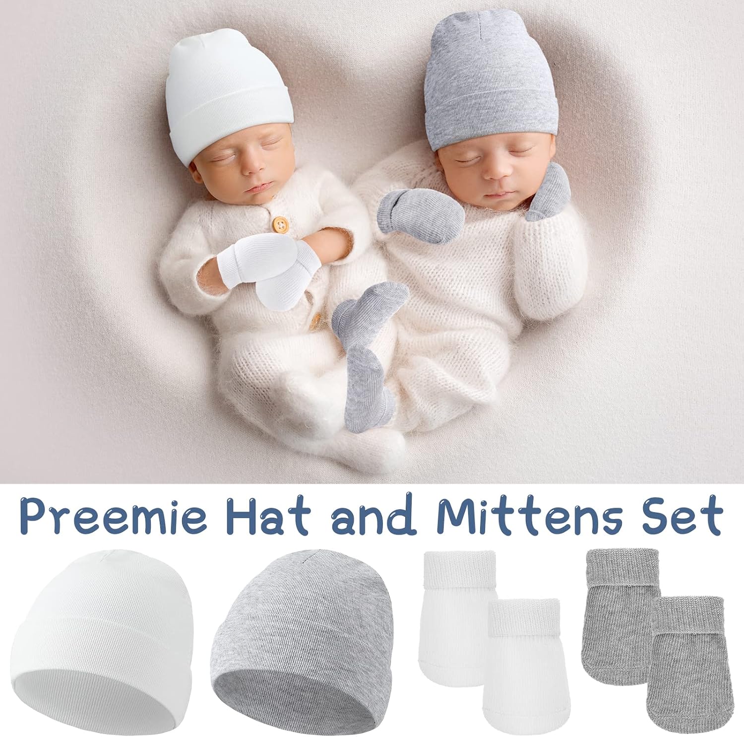 Hercicy 4 Pack Preemie Hat and Mitten Socks Set Cotton Preemie Beanie No Scratch Baby Mitten Nicu Hospital Hat for Boy Girl