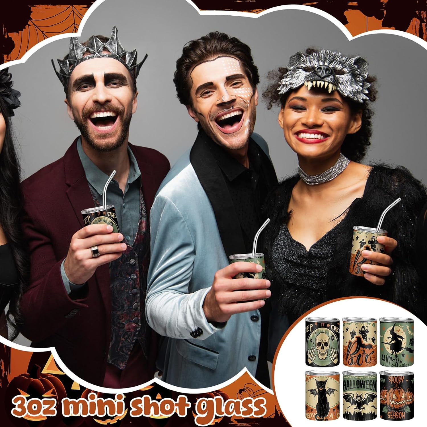 Roshtia 6 Pcs 3 oz Halloween Mini Tumblers Shot Glass with Straw and Lid Spooky Halloween Stainless Steel Tumblers Double Wall Vacuum Insulated Cups for Coffee Cocktail Hot Cocoa Bar Party Favor Gift - Image 5