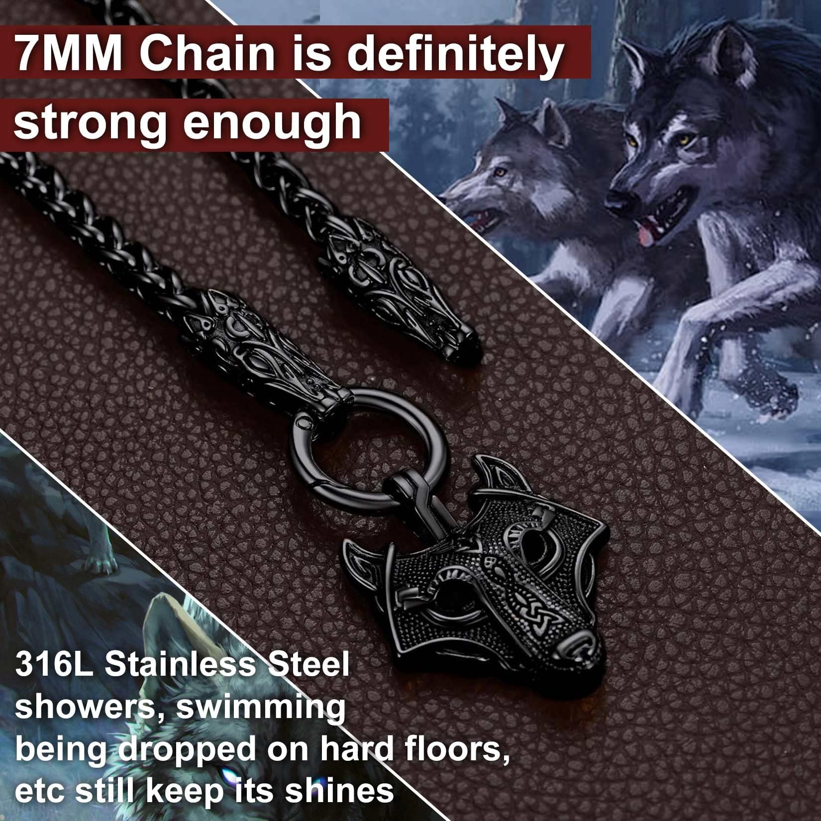 ChainsProMax Collana da uomo massiccia in stile vichingo Mjolnir/Fenrir lupo/celtico/rune, con catena da 71,1 cm, gioiello vichingo norreno, placcato oro/nero, in confezione regalo