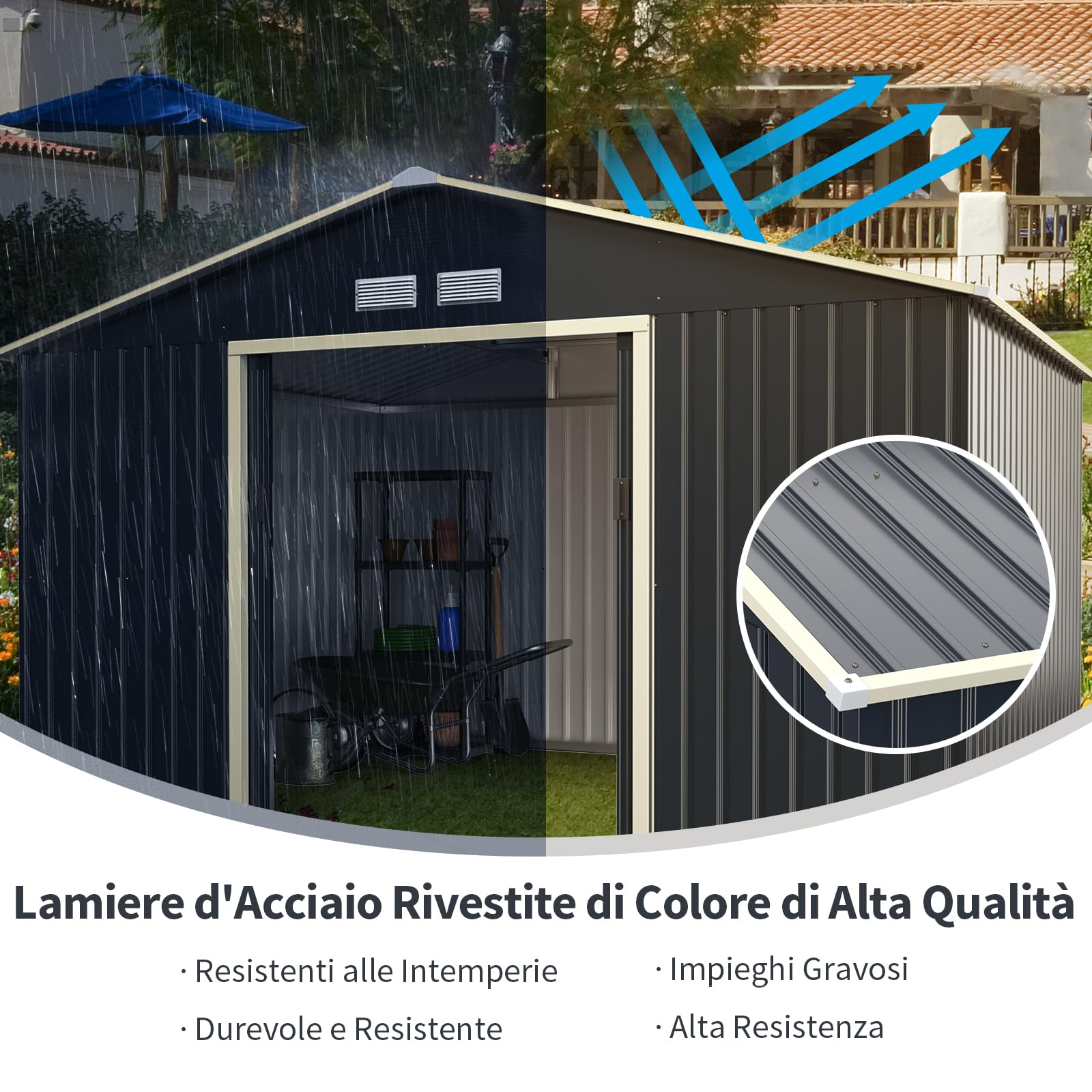 RELAX4LIFE Casetta da Giardino 340 x 319 x 210 cm (10,19 m²), Acciaio Zincato, 4 Prese d'Aria, Porta 117x162 cm, Tetto Inclinato, Porte Scorrevoli, Expandibile, Grigio