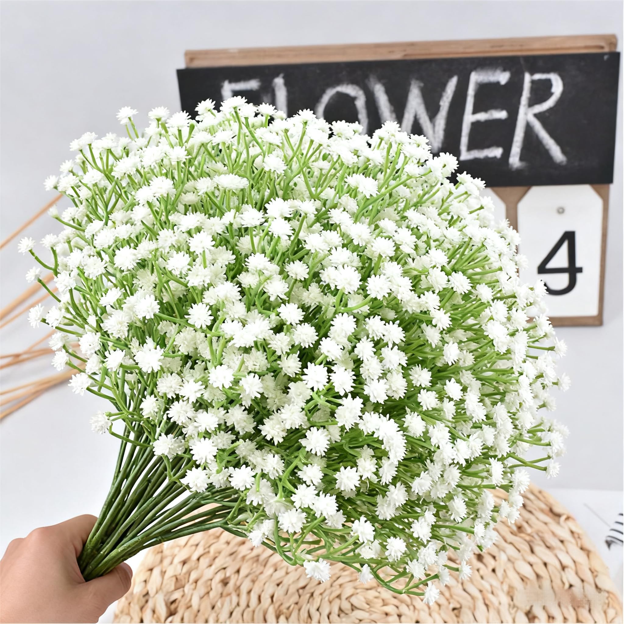 Minwegi Green & White 20 Pcs Artificial Gypsophila Flowers, White Baby's Breath Fake Flowers, Realistic Plastic Gypsophila (20, )
