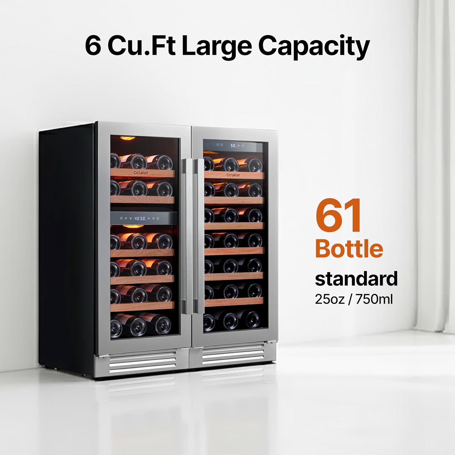 Ca'Lefort 15 Inch Wine Fridge Bundle, 61 Bottles Large Capacity Dual Zone 40-65°F Temp Control, Adjustable Shelves, Glass Door & 3-Color LED, Built-in or Freestanding for Home Bar Kitchen (2 Units)