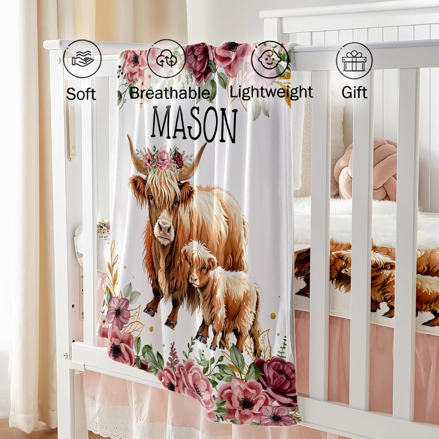 Custom Name Baby Crib Bedding Set - Personalized Flower Highland Cow Crib Set 3 Pcs - Soft Blanket with Double Layer Dotted Backing, Fitted Sheet, Room Rug for Newborns Boys Girls Shower Gift