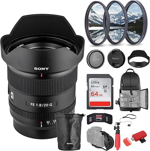 Sony Lente FE de 0.787 in f1.8 G (SEL20F18G) + tarjeta de memoria de 64 GB + kit de filtro + mochila + lector de tarjetas + trípode flexible +