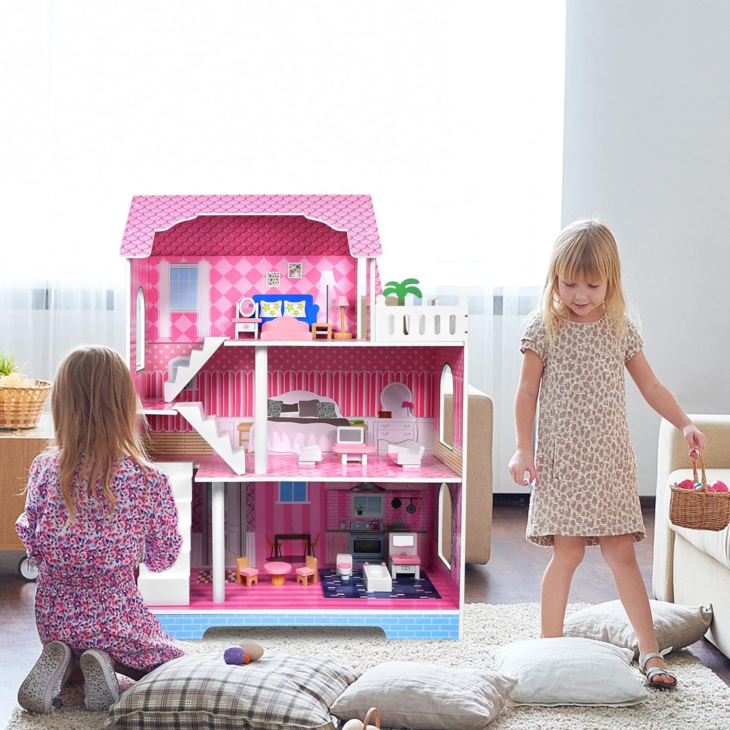 HENGMEI Casa de Muñecas de Madera para Niños Conjunto de Villa de Muñecas Dollhouse Set Juego para Niñas 3 Pisos Casa con Muebles y Accesorios, 70x30x100cm Casas de Muñecas para Niños (Tipo B)