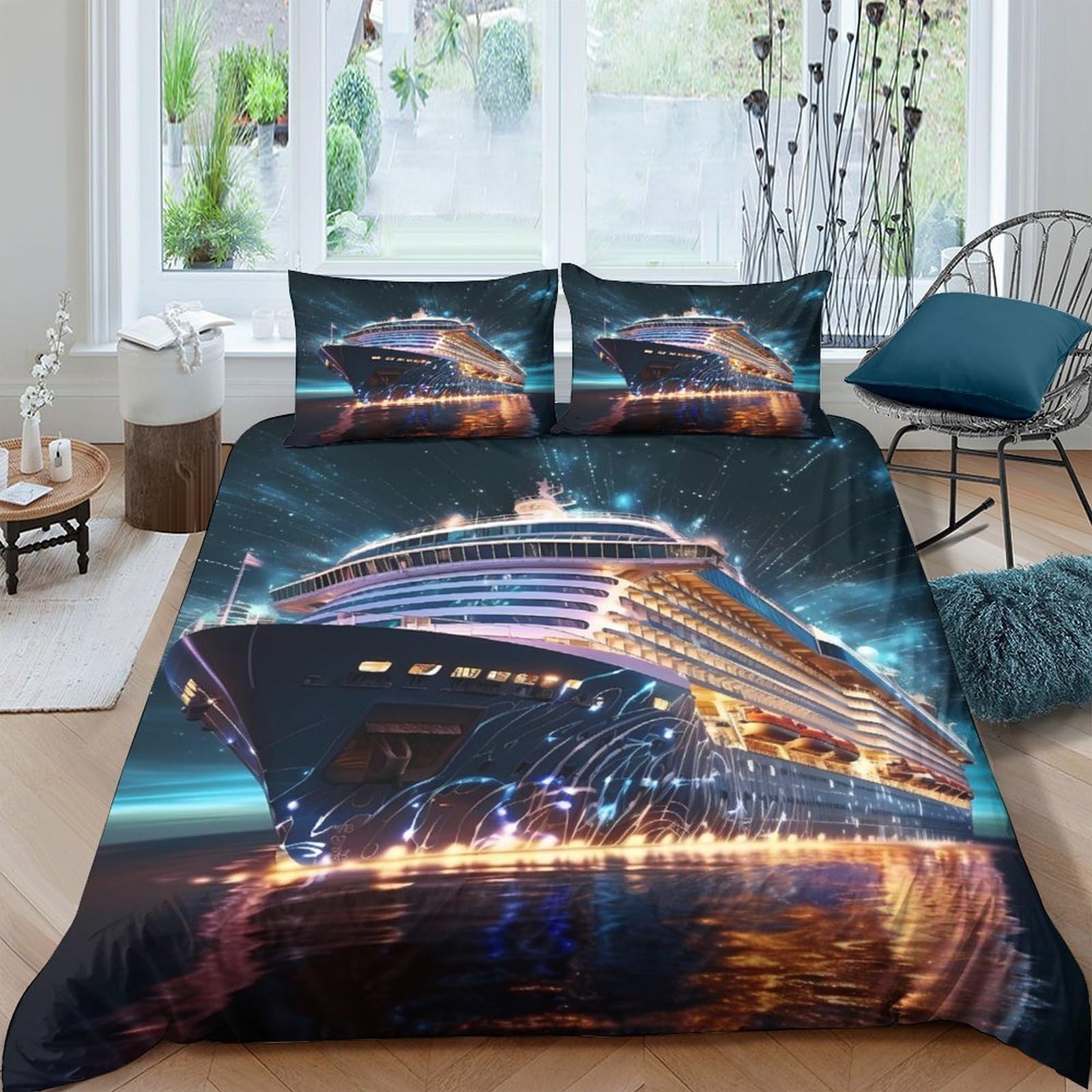 GPLZQXKJNH 3D Printed Cruise Ship Duvet Cover Set Microfiber Soft Breathable Ocean Night Quilt Cover with 2 Pillowcases for Bedroom Decor Single（135x200cm）