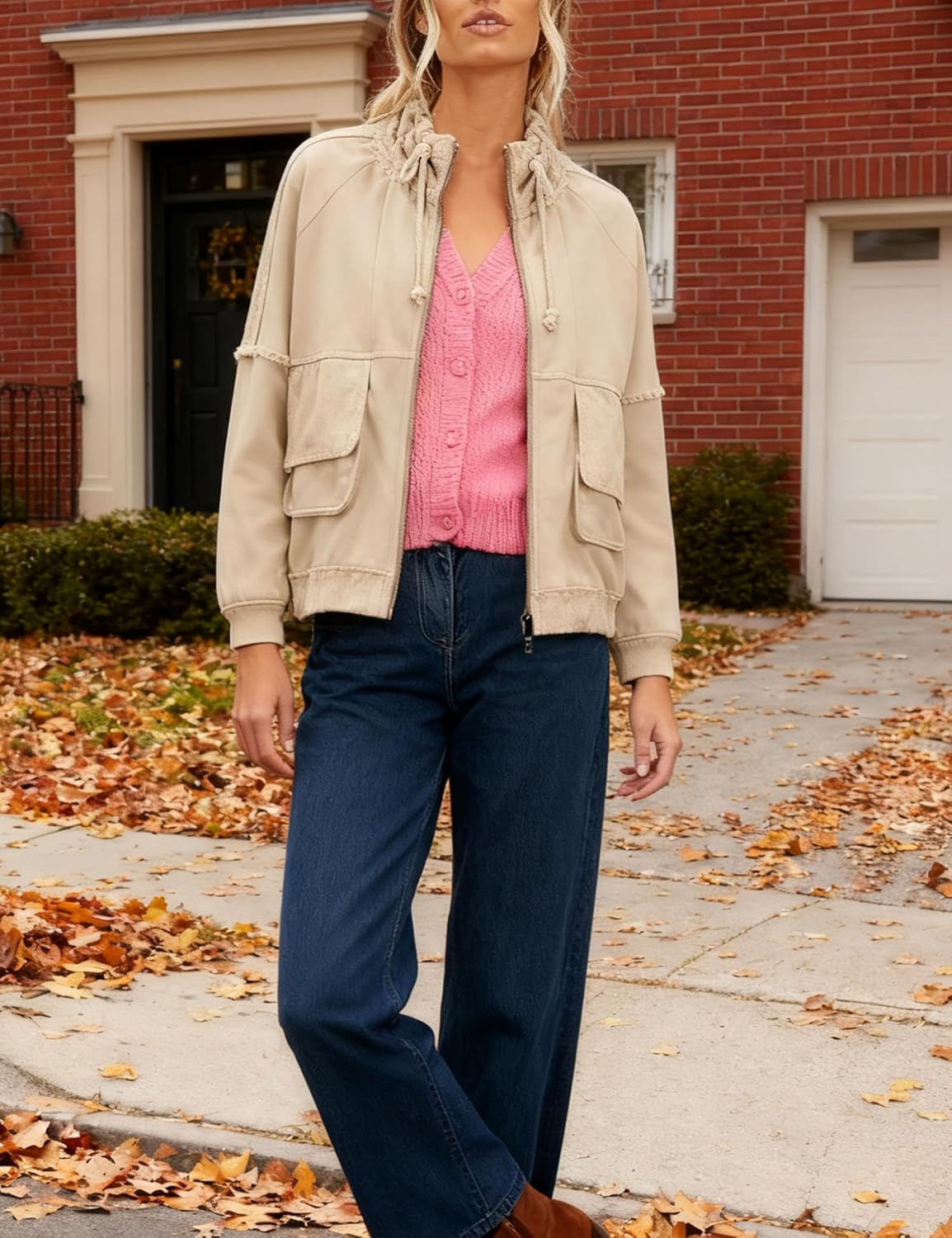 Fiona Jolin Womens Fall Casual Jackets Cotton Classic Zipper Fashion Coat Adjustable Stand Collar Streetwear with Pockets - Image 3