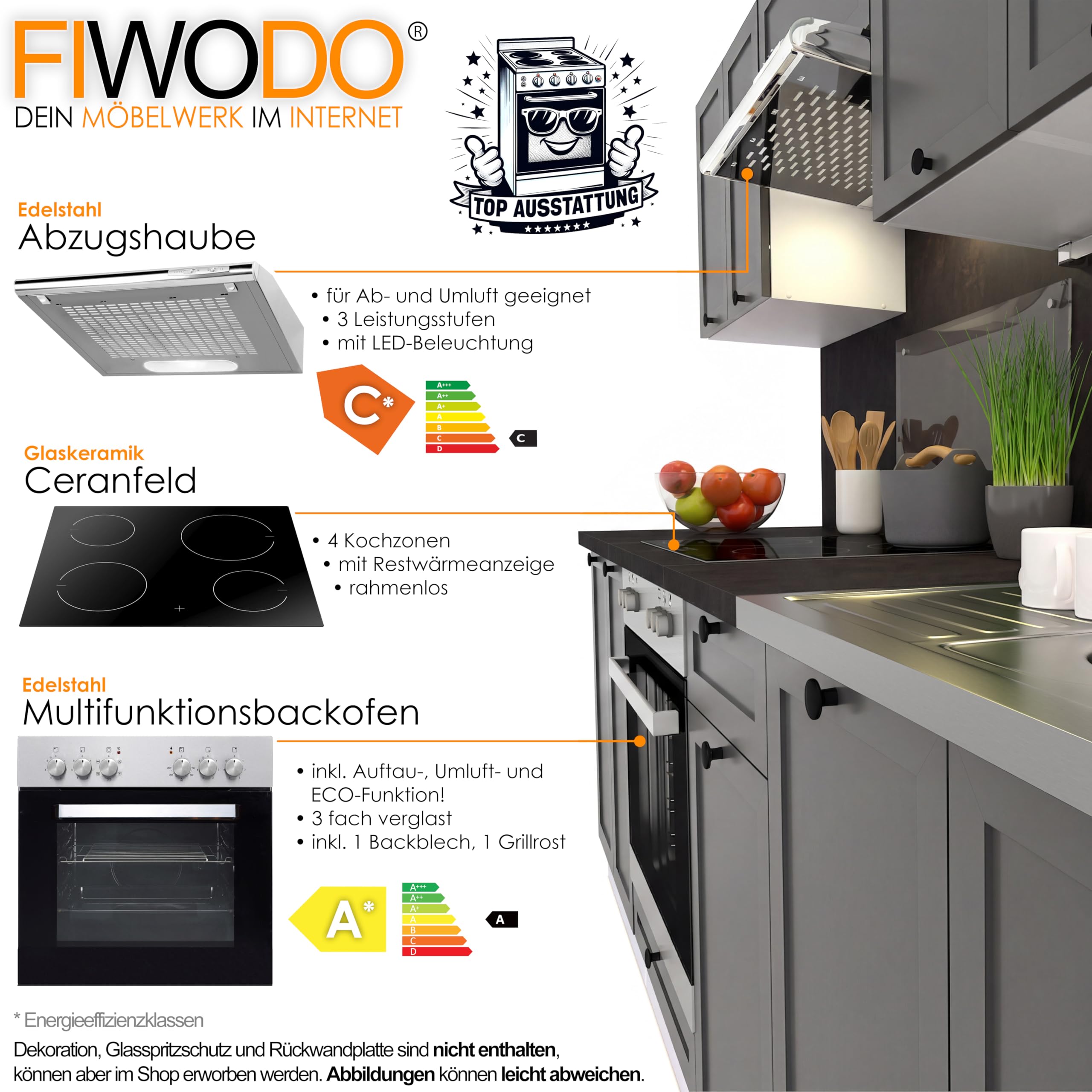 FIWODO Küche mit Elektrogeräten - ERWEITERBAR - Küchenzeile, Einbauküche in Farbe: LANDHAUS GRAFIT MATT, 240cm, mit Spülbecken, Mischbatterie, Herd, Backofen, Abzugshaube, NEUWARE mit GARANTIE