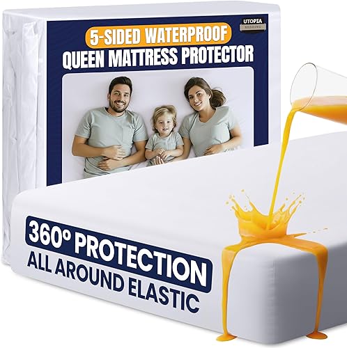 Utopia Bedding Protector de colchón impermeable de 5 lados tamaño Queen, funda de colchón transpirable de alta calidad, estilo ajustado con
