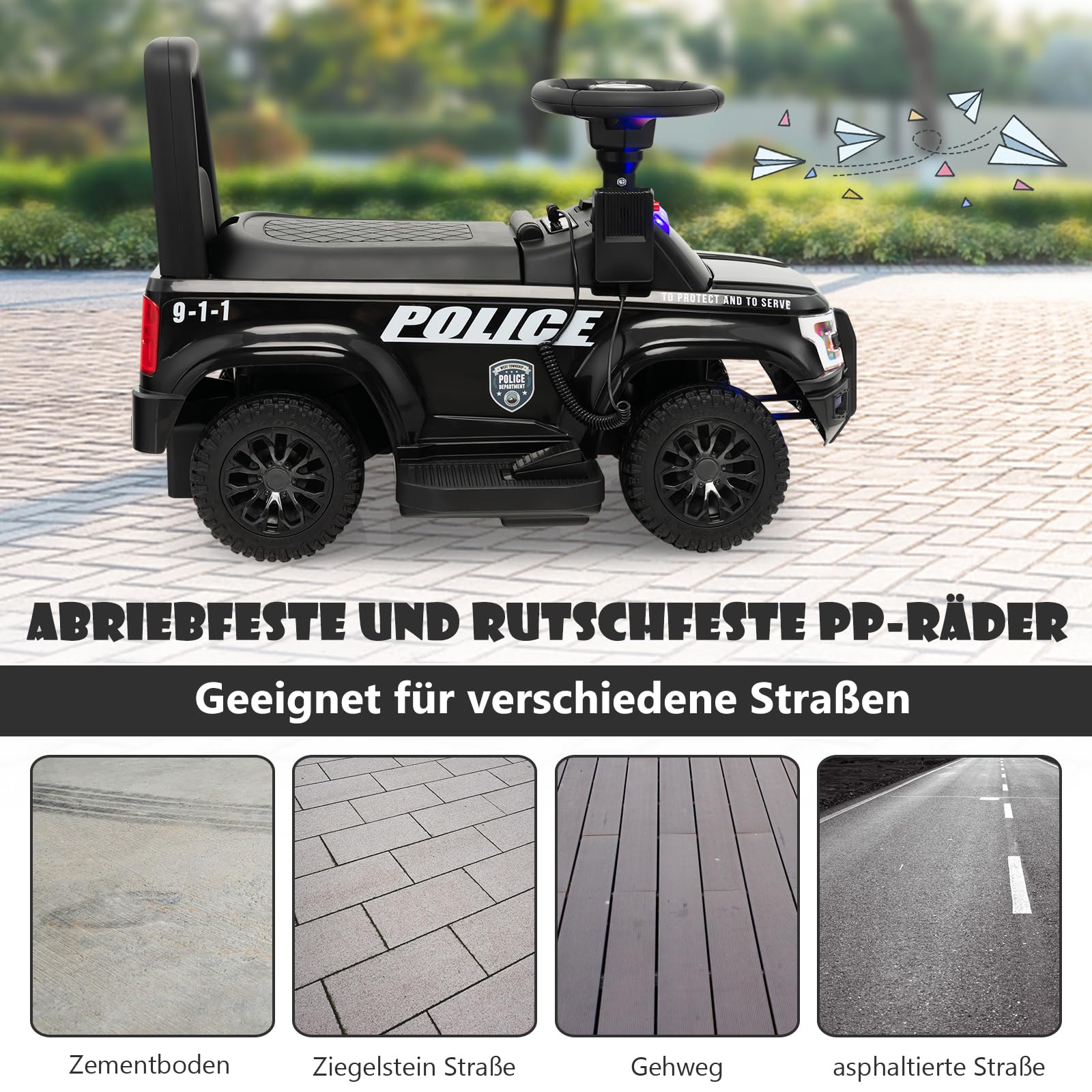 DREAMADE 6V Kinder Elektroauto, Elektrofahrzeug mit Sirene & LED Lichtern & Musik & Hupe, Batteriebetriebenes Kinderfahrzeug, für Kinder ab 18 Monate (Schwarz)