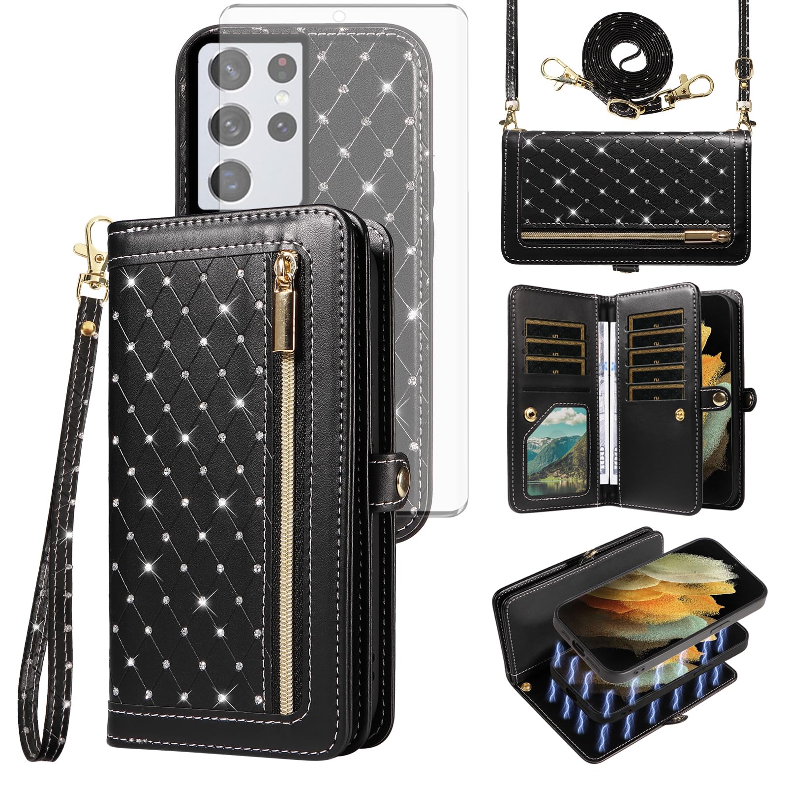 Asuwish Phone Case for Samsung Galaxy S21 Ultra 5G Zipper Wallet Detachable Cell Cover with Screen Protector Crossbody Strap Bling Flip Credit Card
