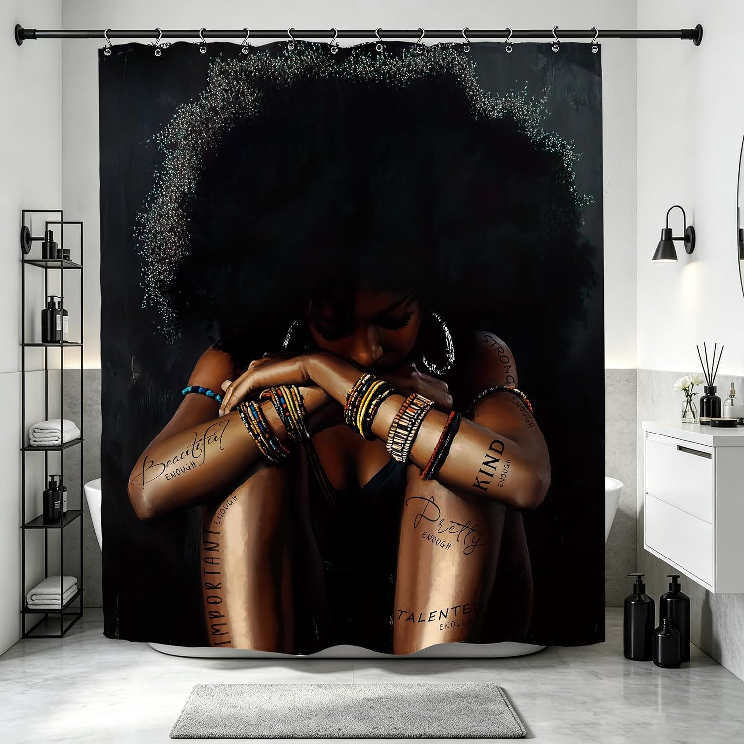 Black Girl Woman Bathroom Shower Curtain 60W by 71H Inch African American Afro Lady Sexy Polyester Fabric 12 Plastic Hooks Waterproof Decor